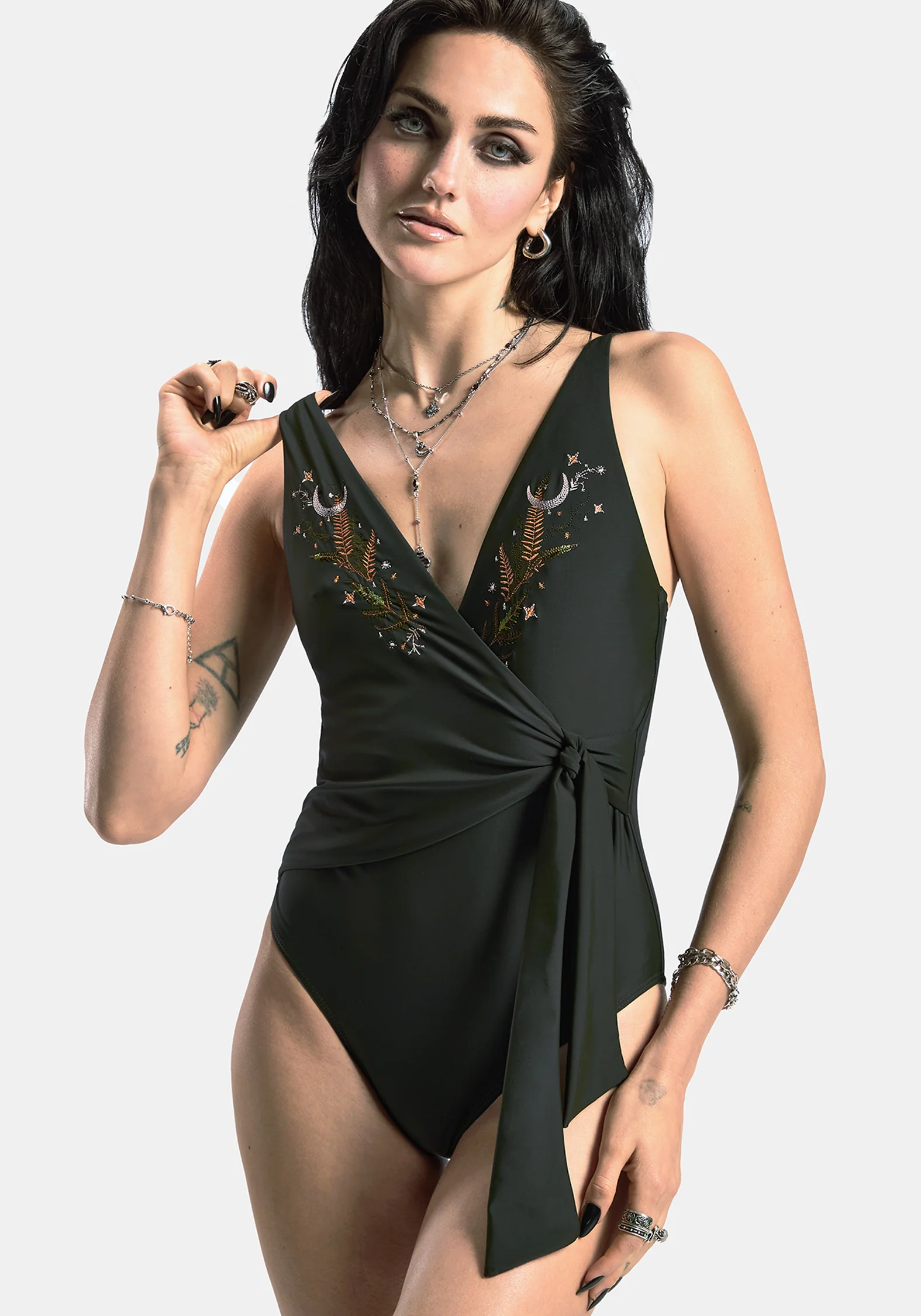 Abellona Embroidered Side Wrap Tie Swimsuit