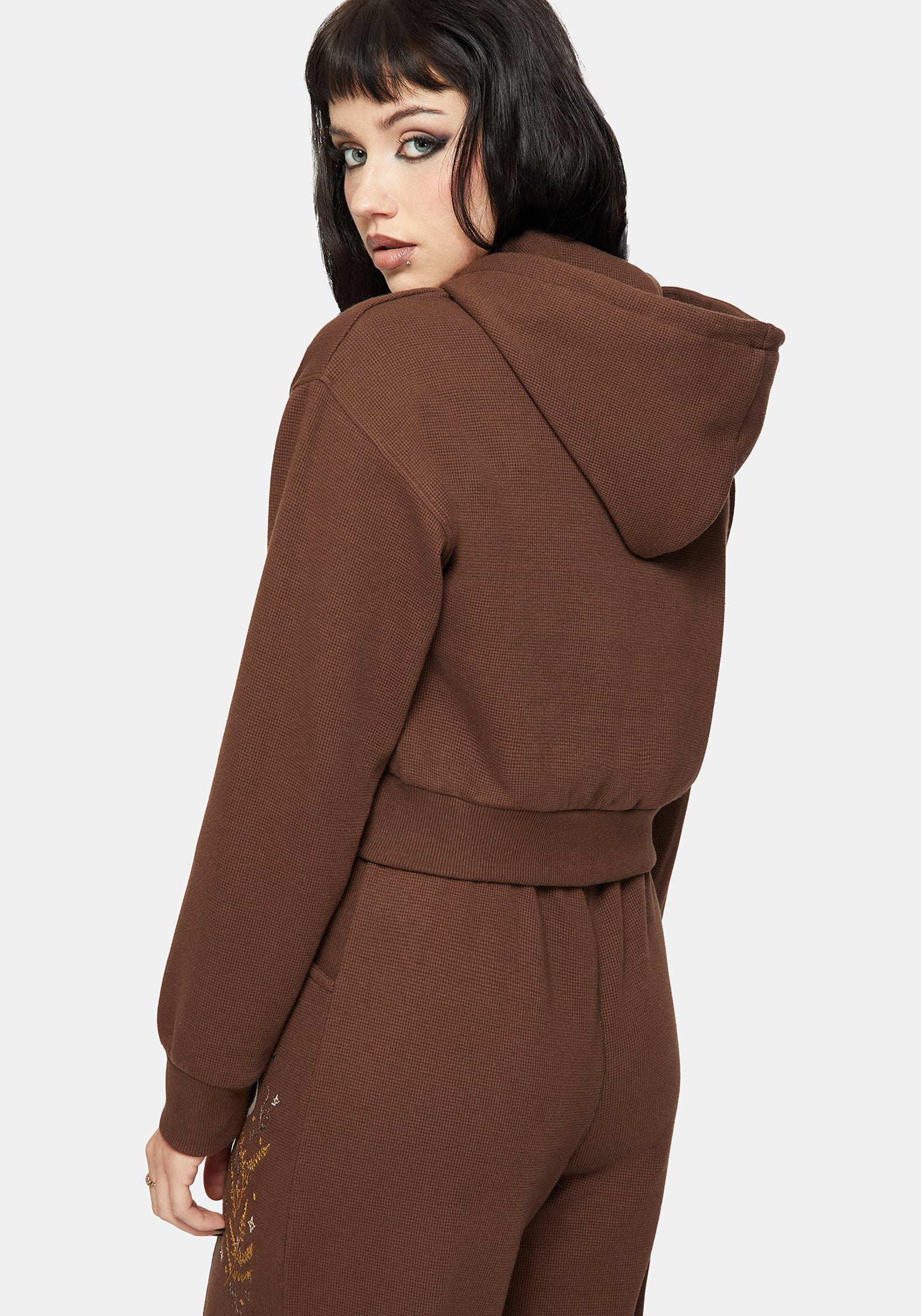 Abellona Waffle Embroidered Cropped Zip Up Hoodie - Image 3