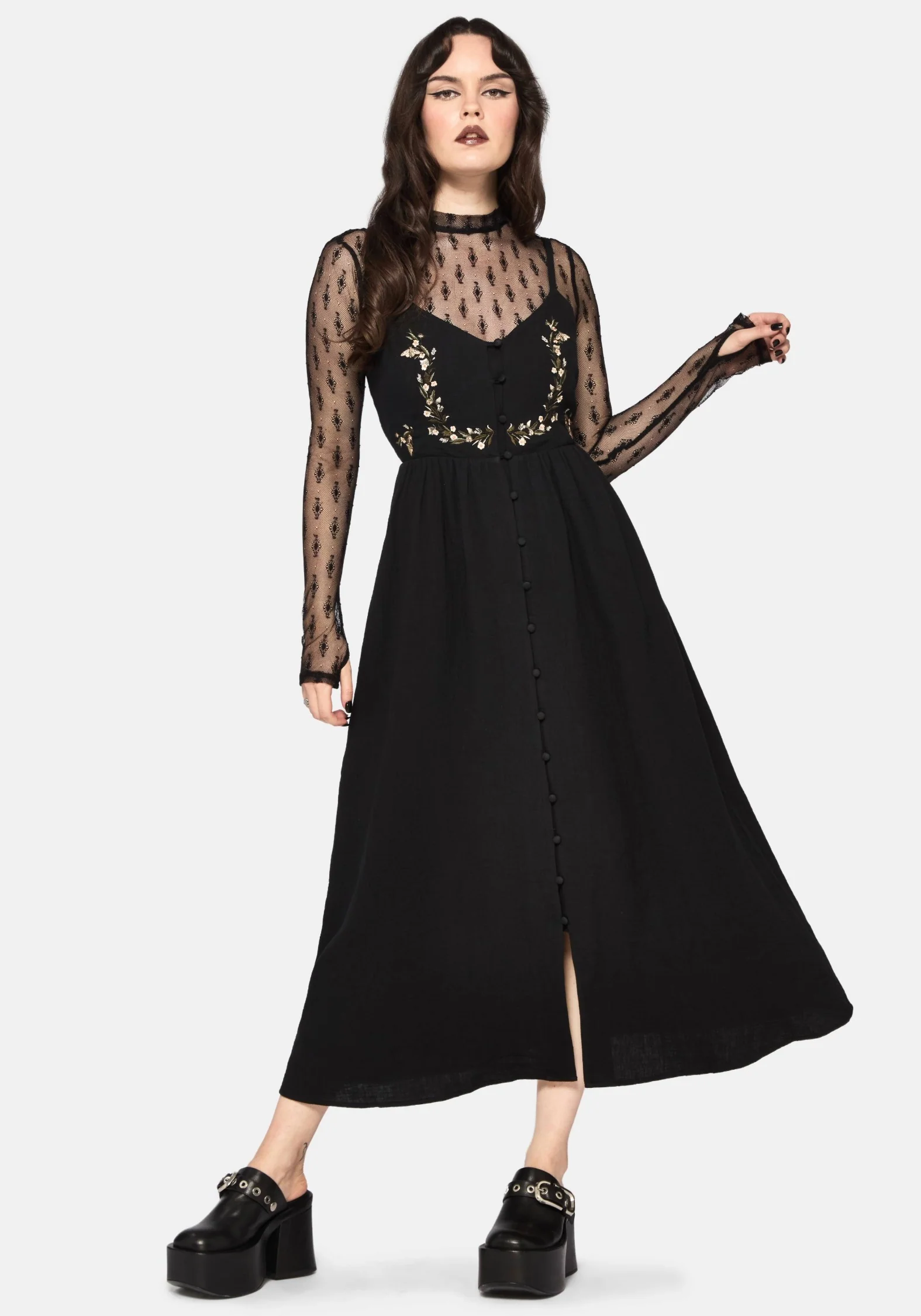 Abundance Cotton Floral Embroidered Bodice Cami Midaxi Dress - Black - Image 5