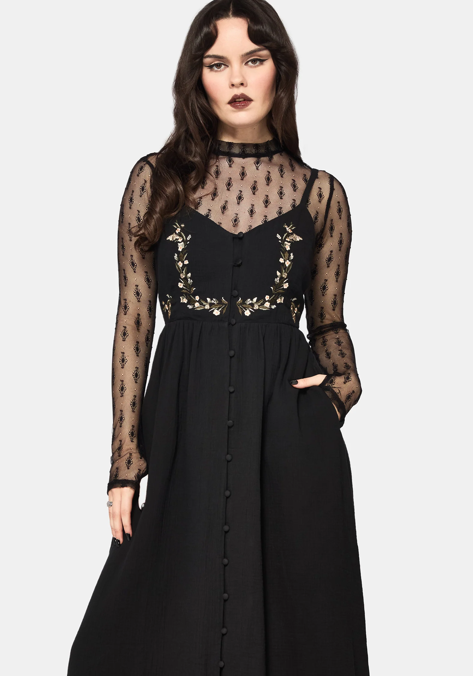 Abundance Cotton Floral Embroidered Bodice Cami Midaxi Dress - Black - Image 7