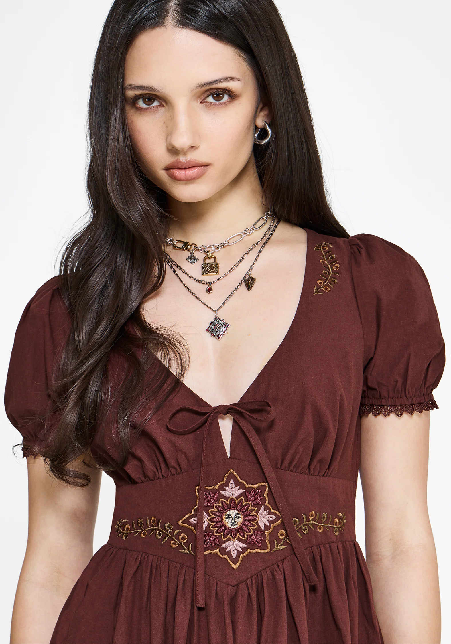 Arianwen Embroidered Puff Sleeve Midaxi Dress - Rust - Image 2