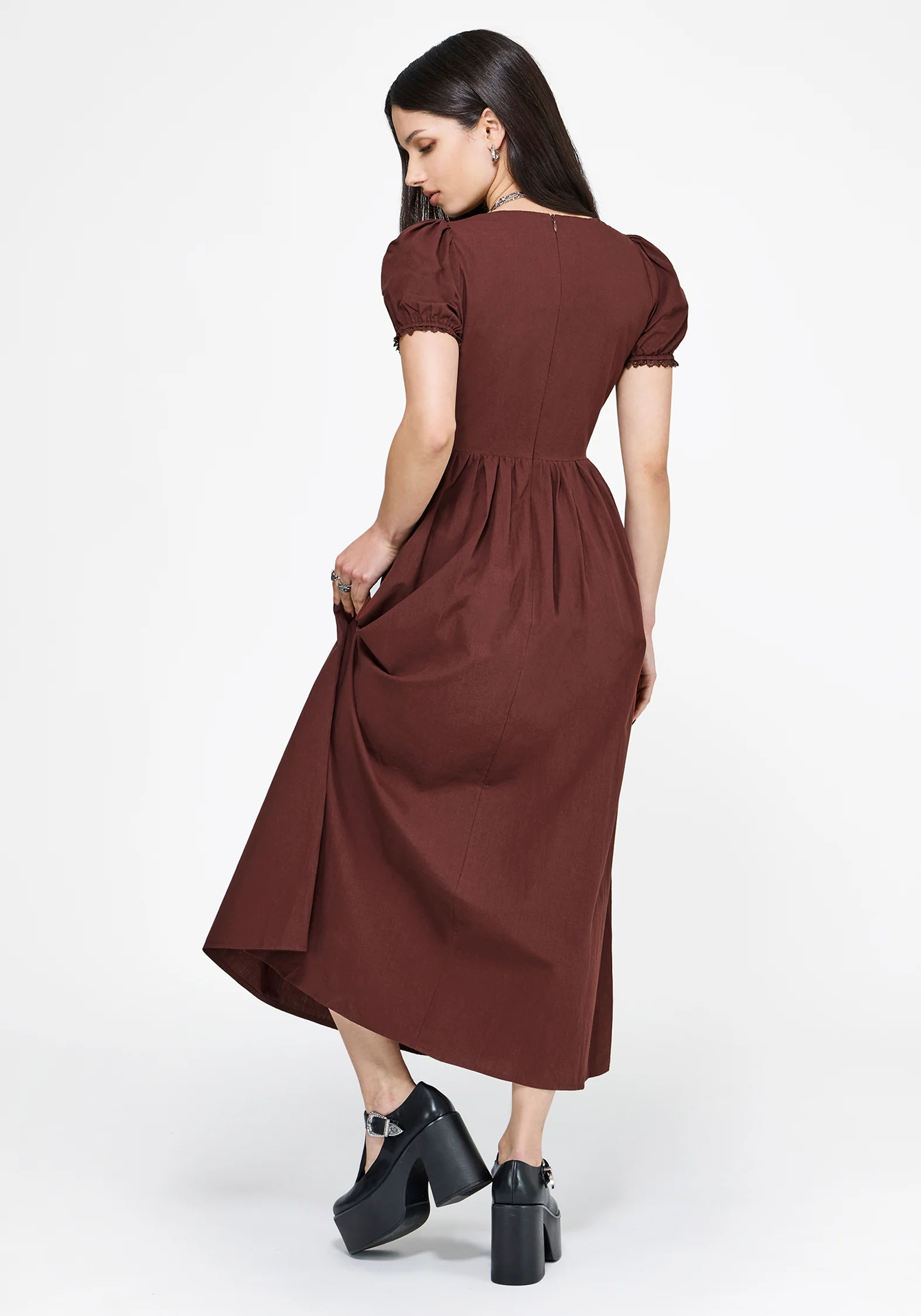 Arianwen Embroidered Puff Sleeve Midaxi Dress - Rust - Image 3