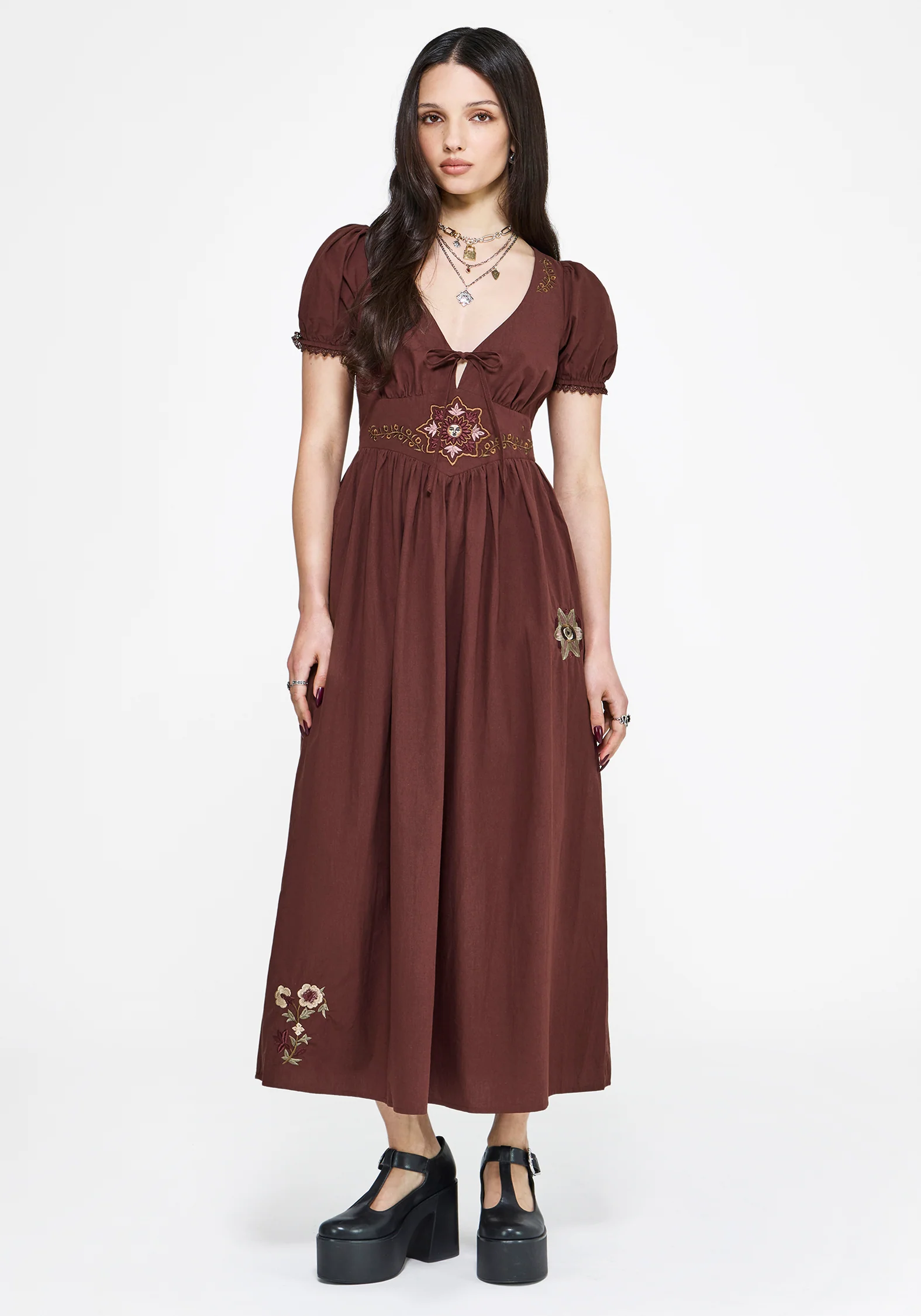 Arianwen Embroidered Puff Sleeve Midaxi Dress - Rust - Image 7