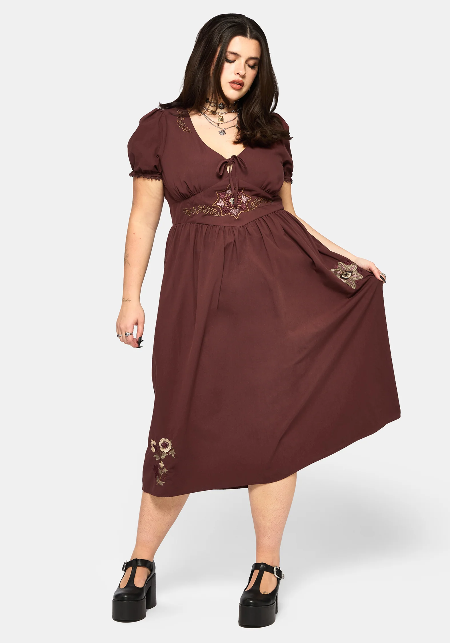 Arianwen Embroidered Puff Sleeve Midaxi Dress - Rust - Image 8