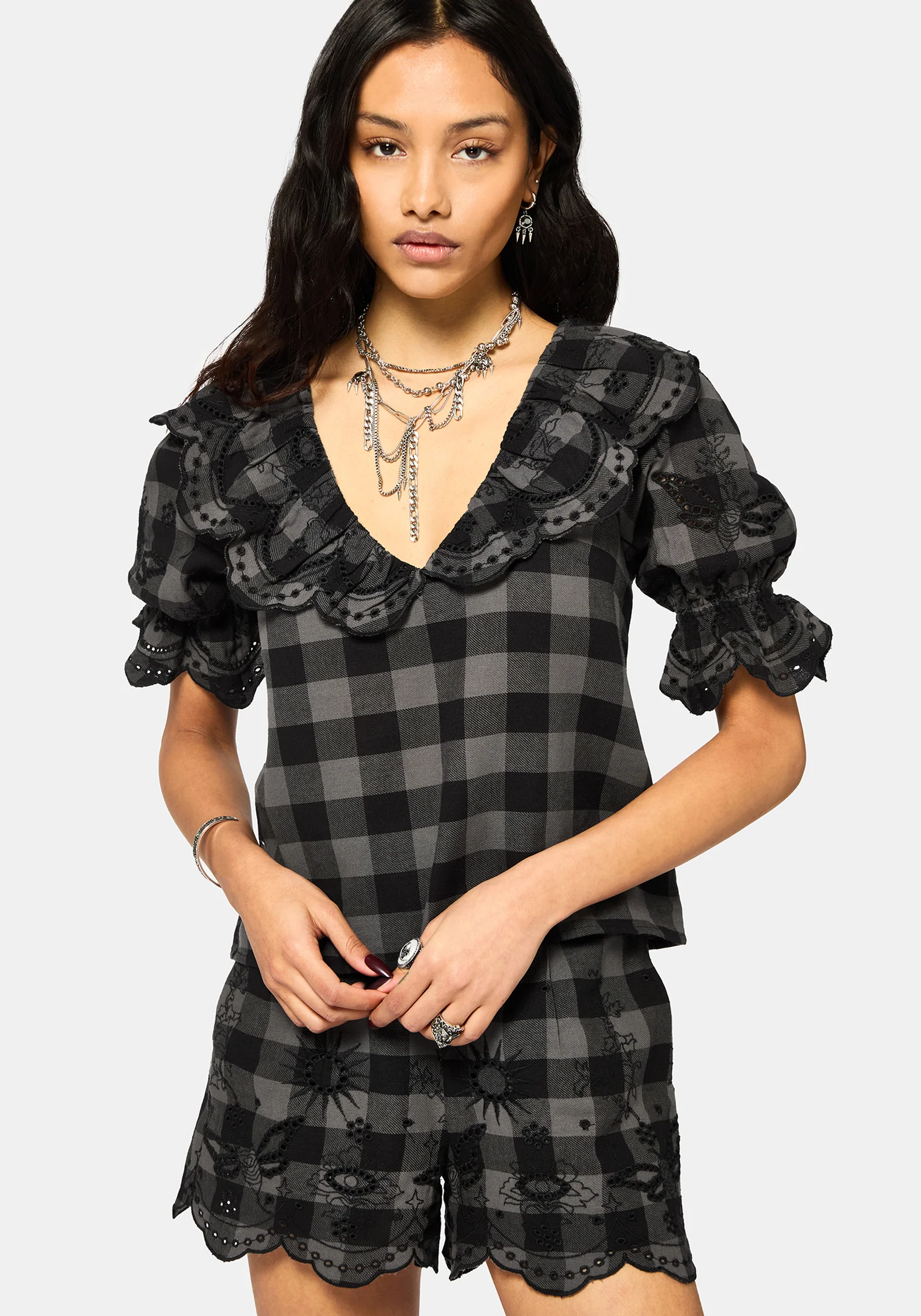 Ashwing Check Broderie Collar Blouse - Image 5