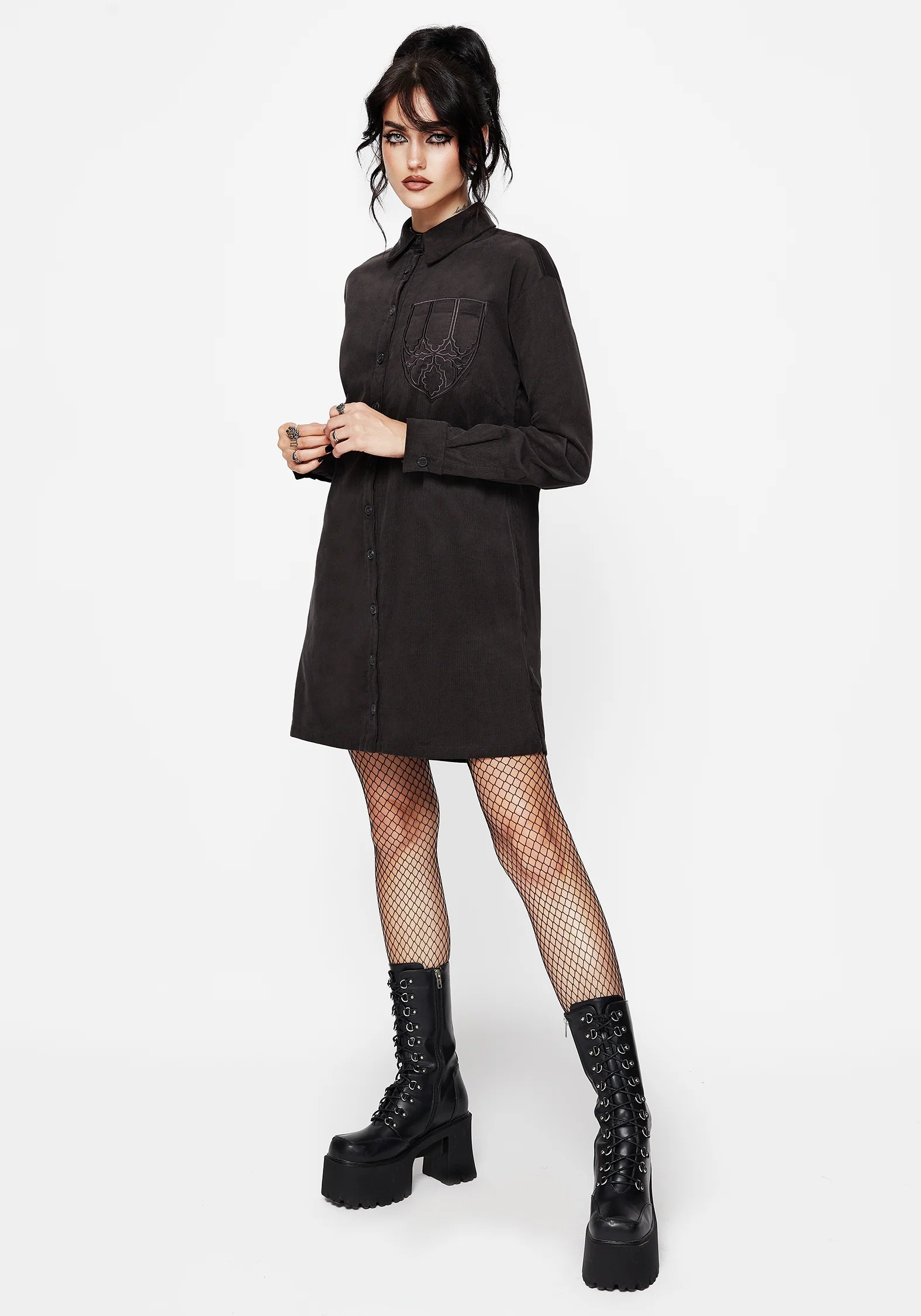 Axis Cotton Pocket Embroidered Mini Shirt Dress