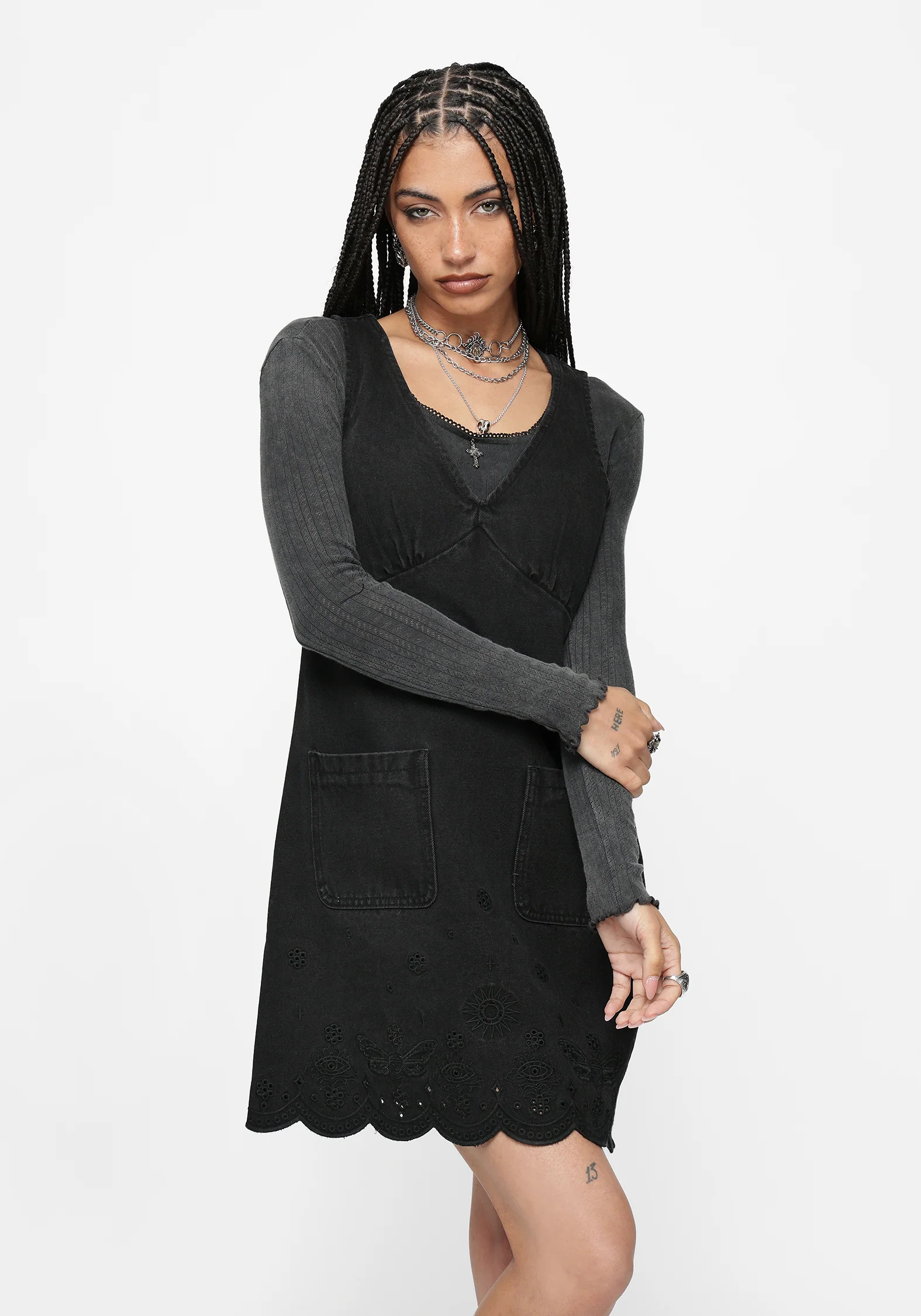 Ayr Broderie Denim Pinafore Dress - Image 4