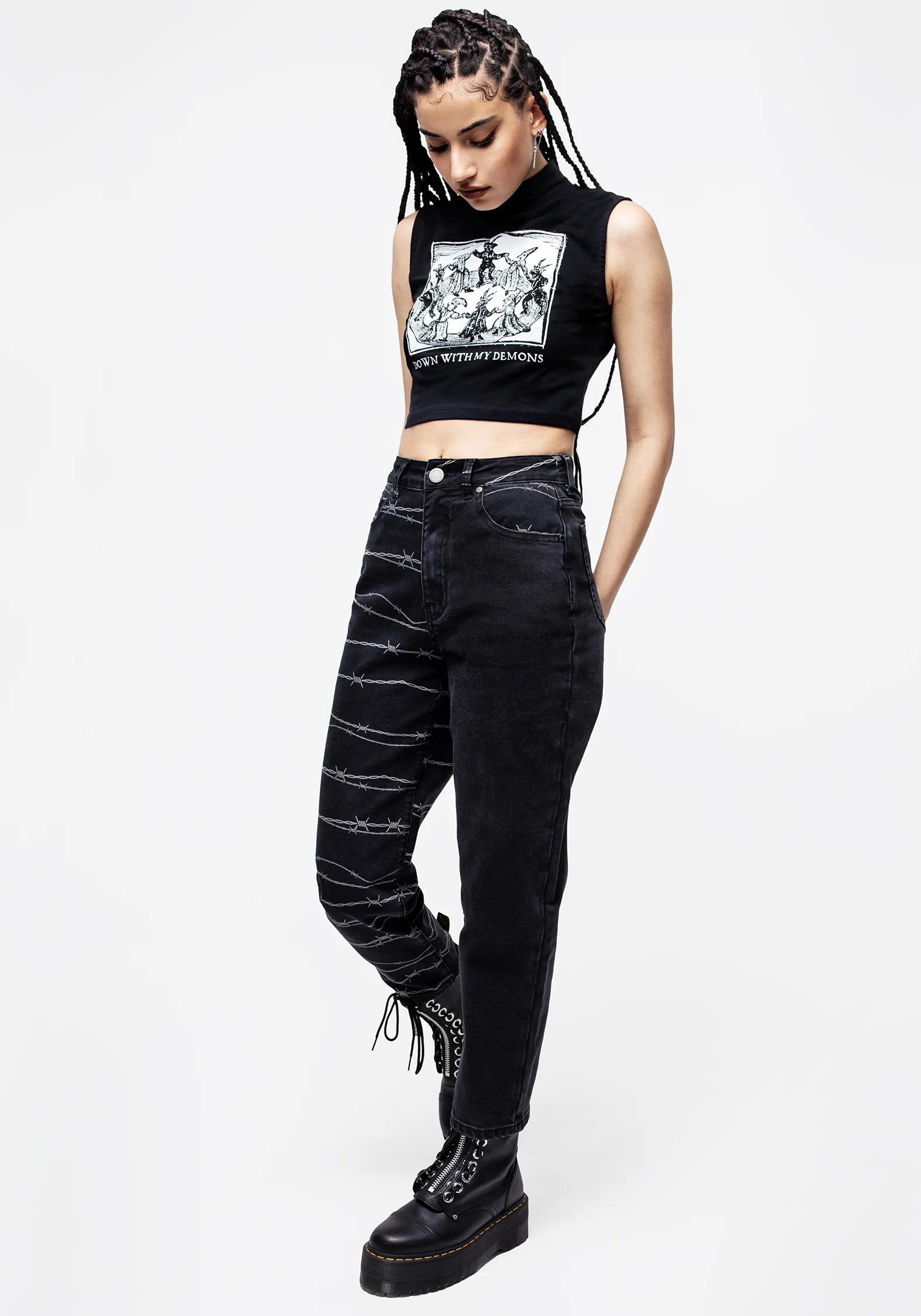 Barbed Wire Spliced Mom Jeans - Image 7