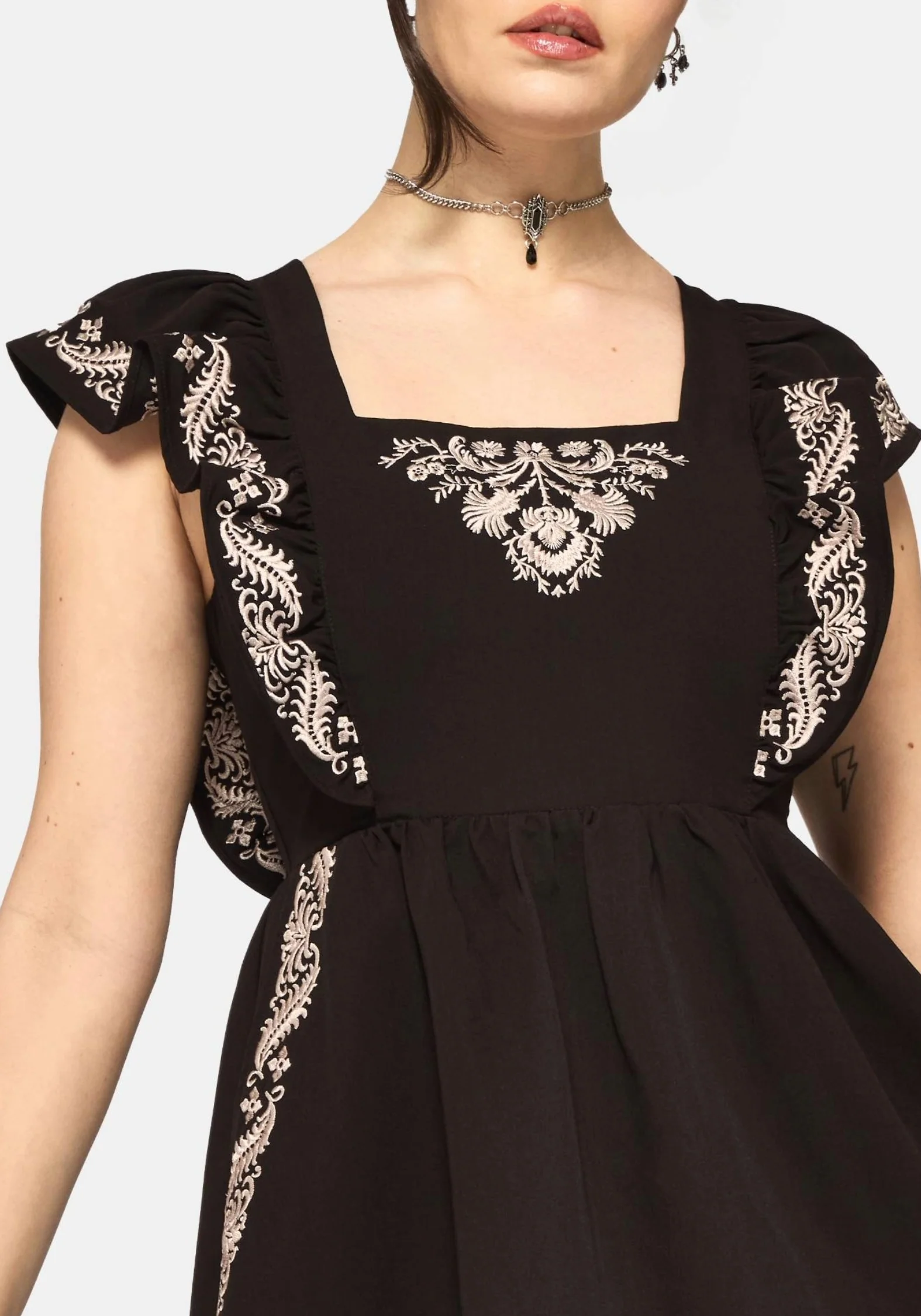 Bladeborn Embroidered Ruffle Front Mini Dress - Image 2