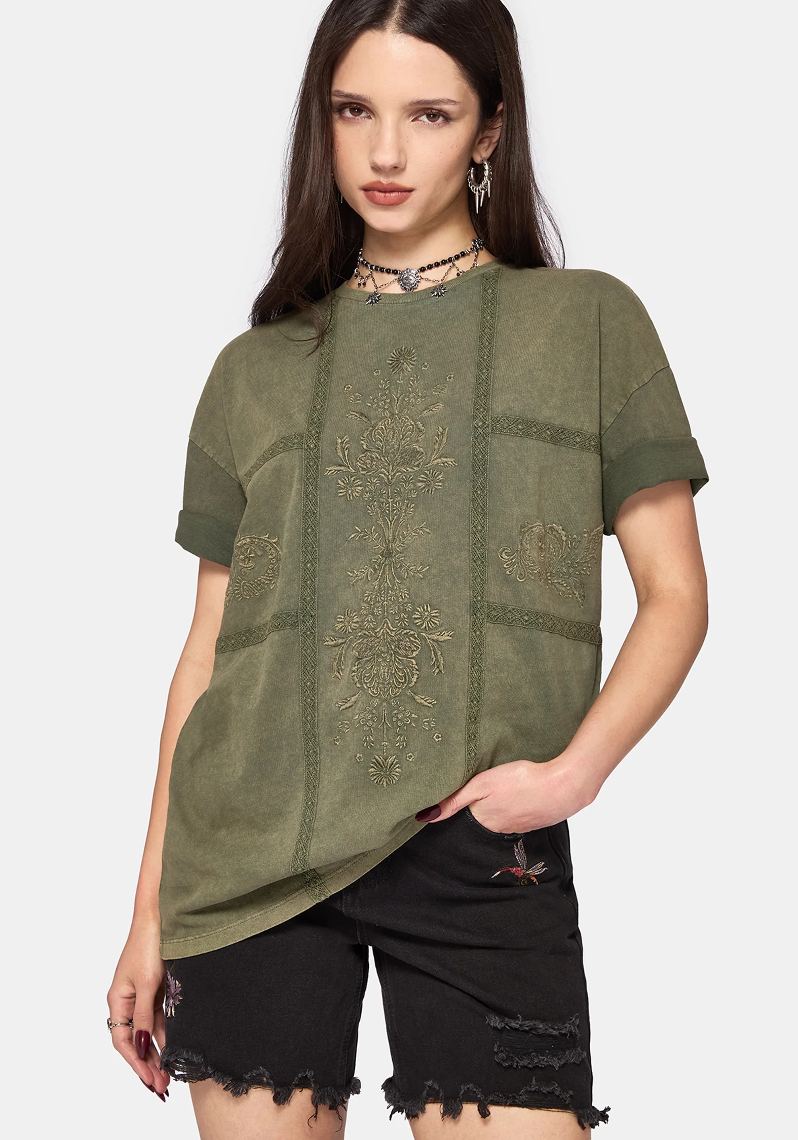 Blake Lace Oversized Graphic T-Shirt - Khaki - Image 4
