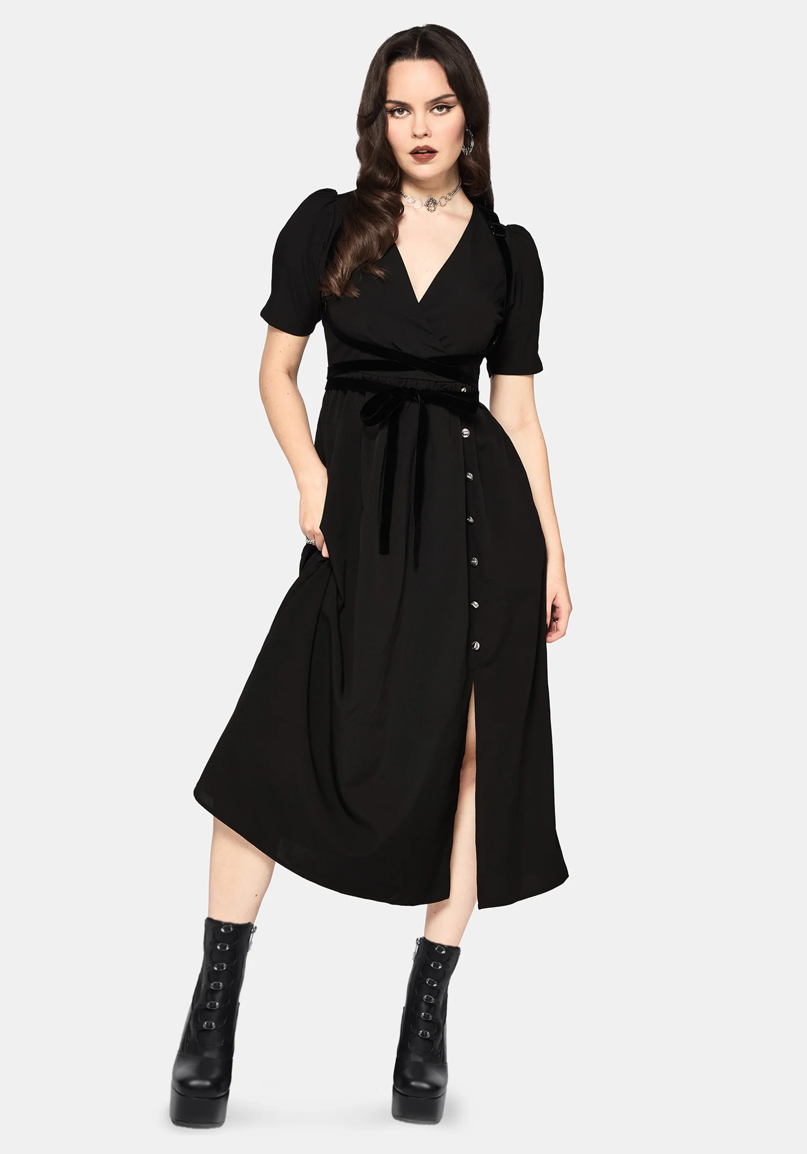 Brae Wrap Puff Sleeve Centipede Button Midaxi Dress