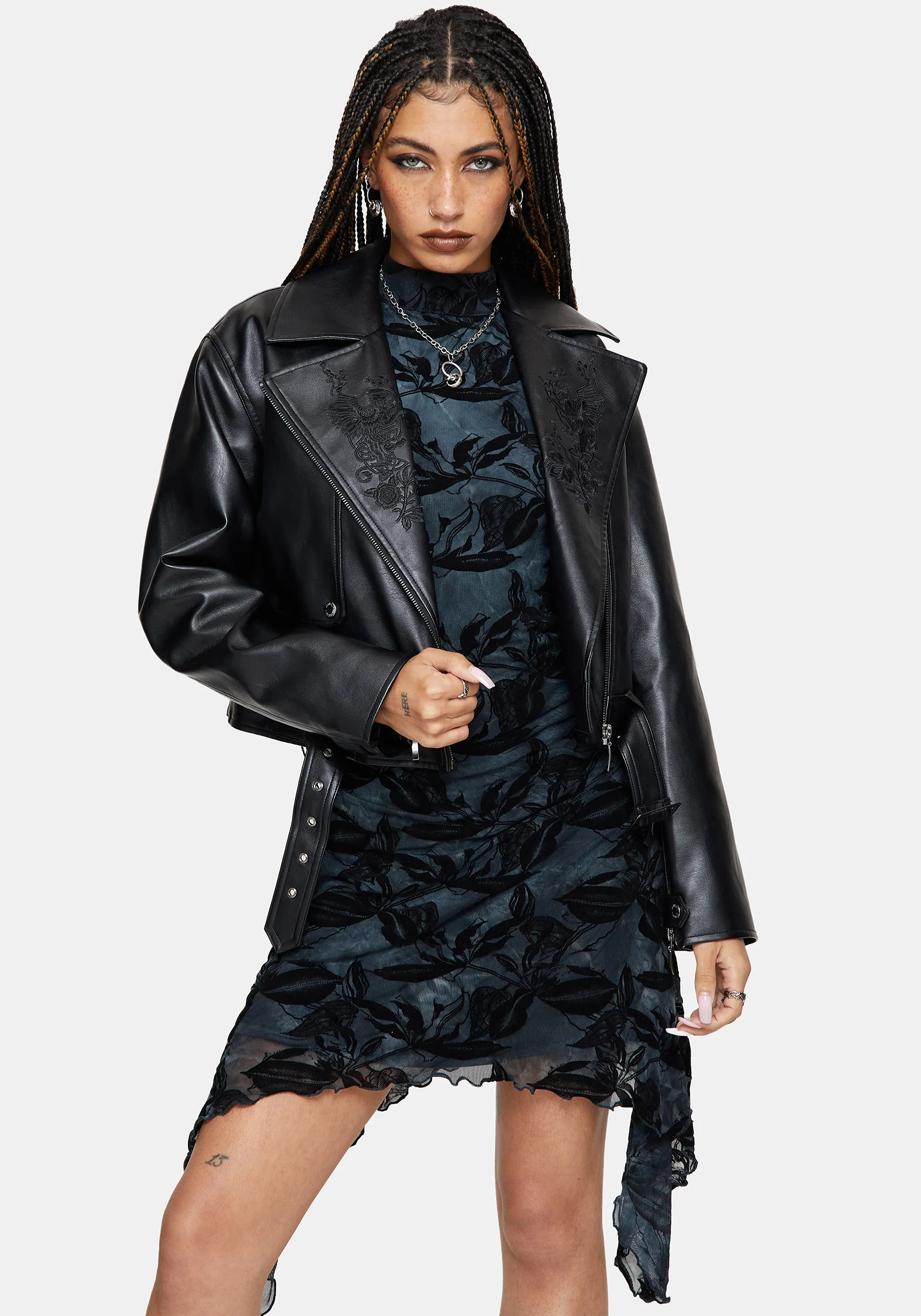 Bryn Floral Flocked Mesh Hanky Hem Mini Dress - Image 6