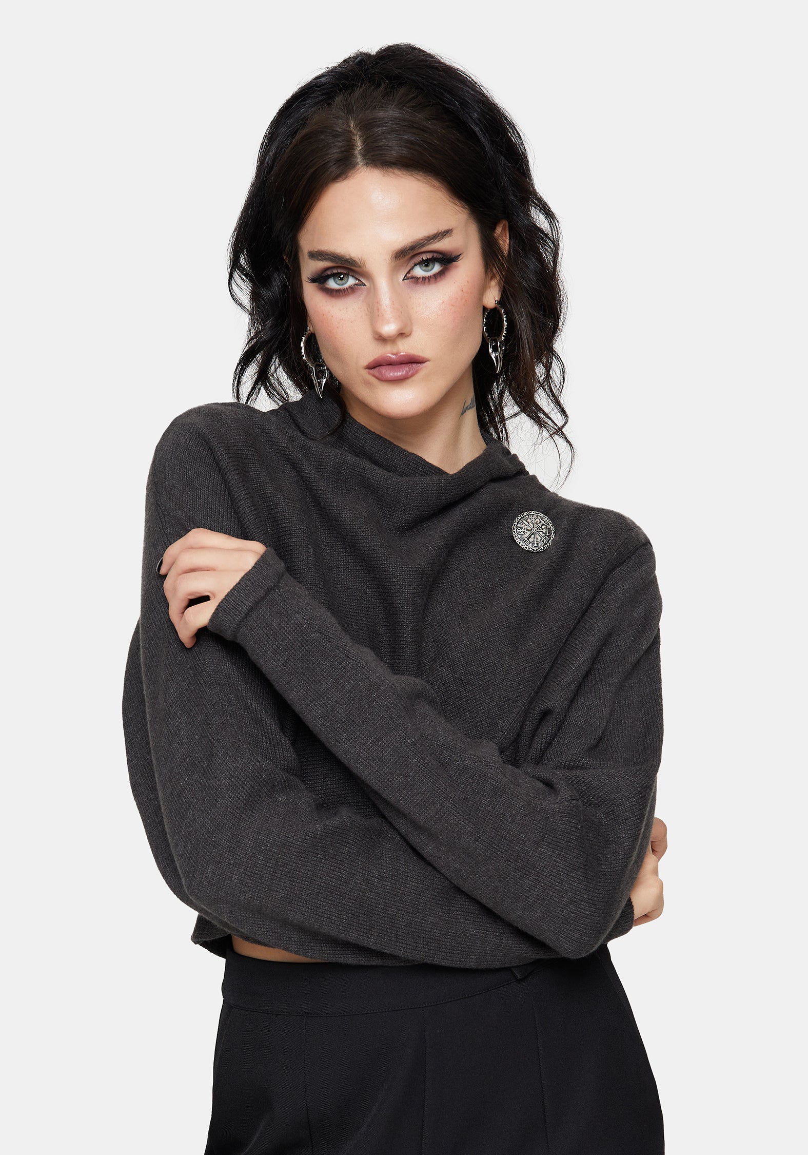Calliope Wrap Over Cropped Knit Jumper with Brooch - Image 4