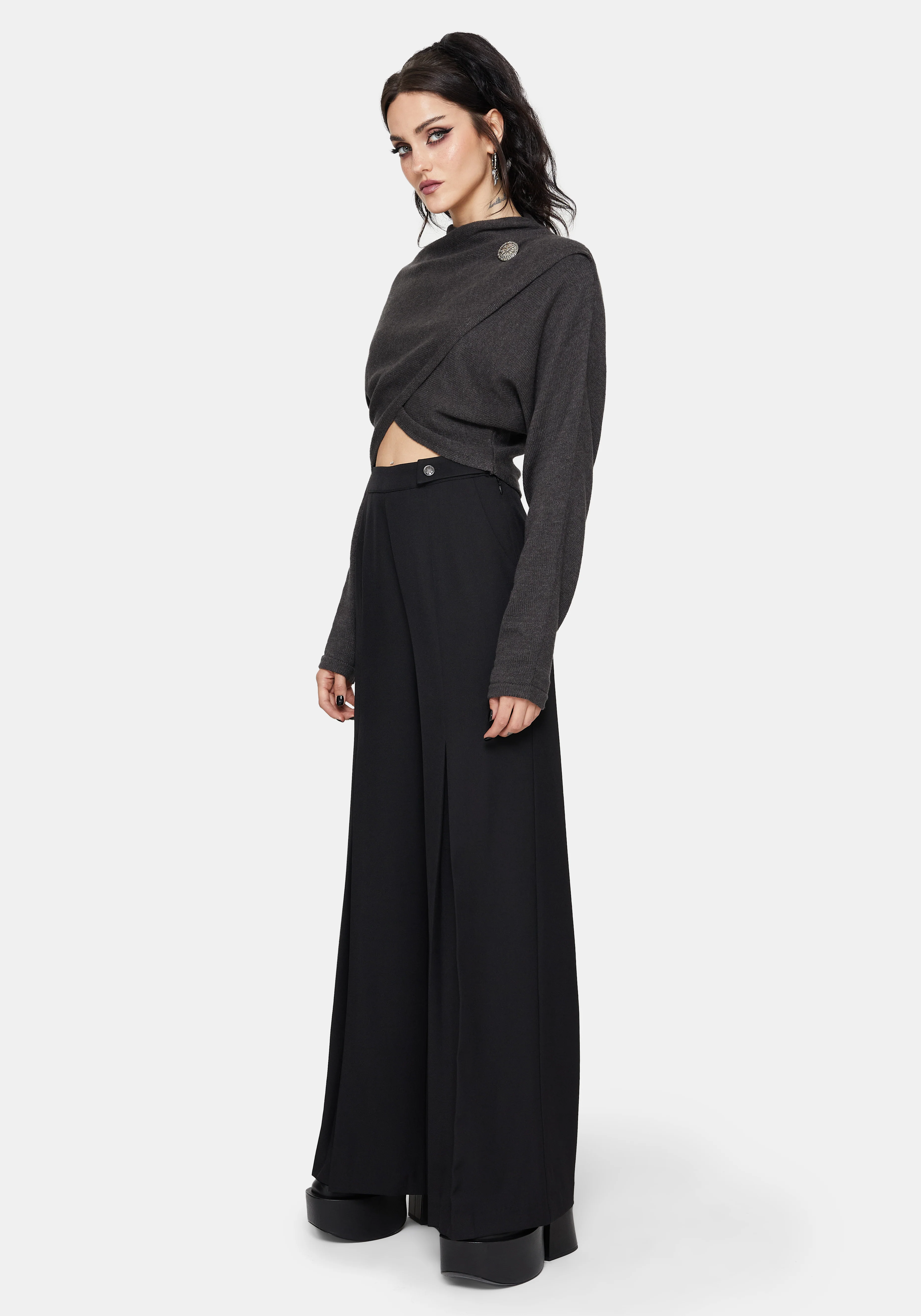 Calliope Wrap Over Cropped Knit Jumper with Brooch - Image 5