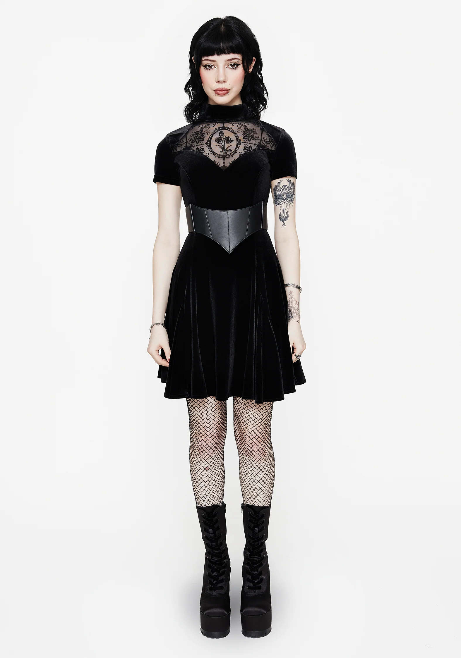 Cameo High Neck Flocked Mesh Insert Skater Mini Dress - Image 7