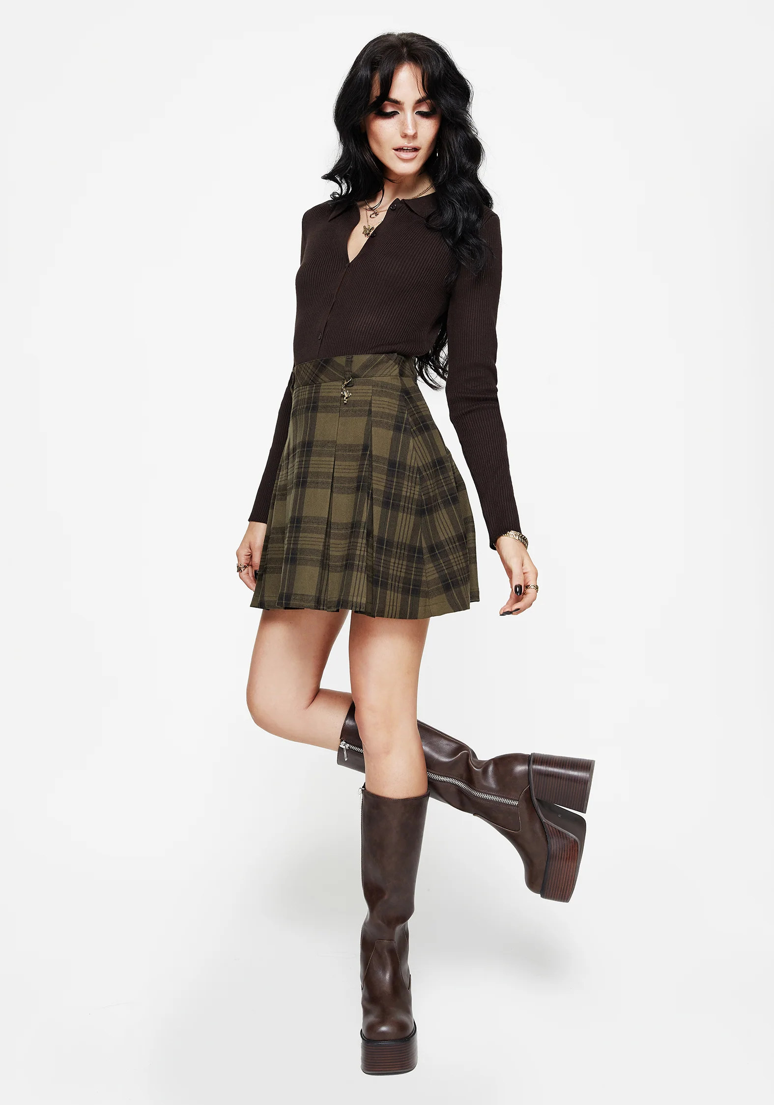 Cecily Check Pleated Mini Skirt With Frog Charm - Image 6