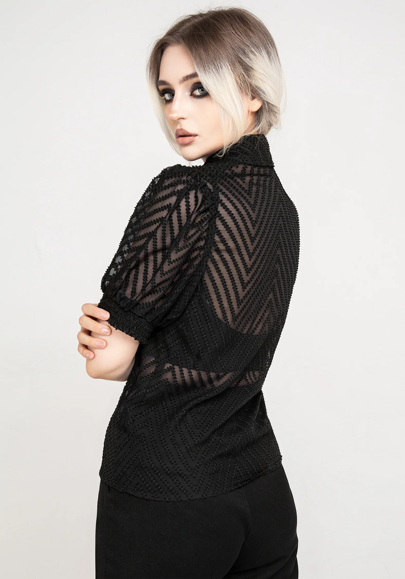 Chevron Button Up Blouse Top - Image 3