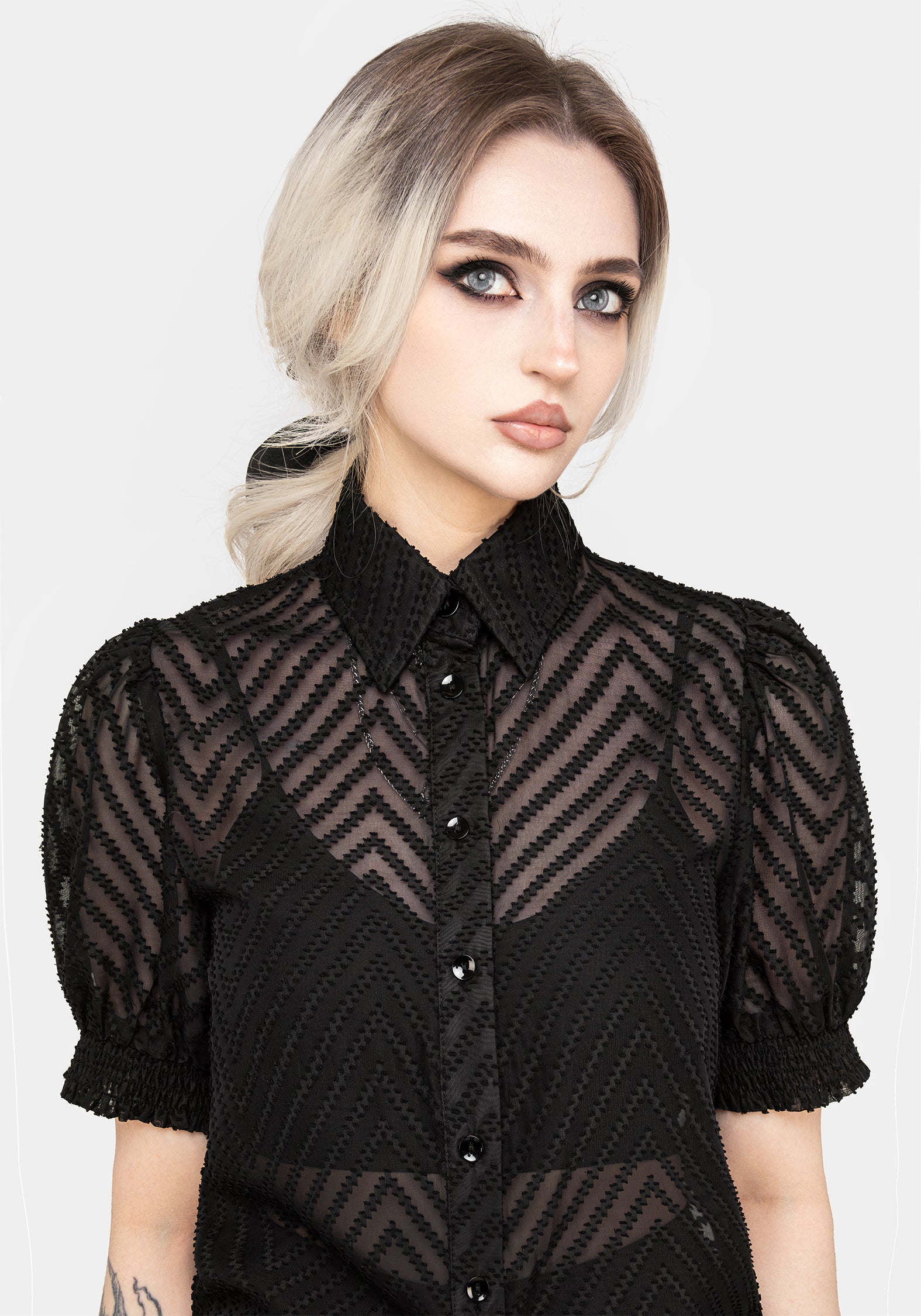 Chevron Button Up Blouse Top - Image 6