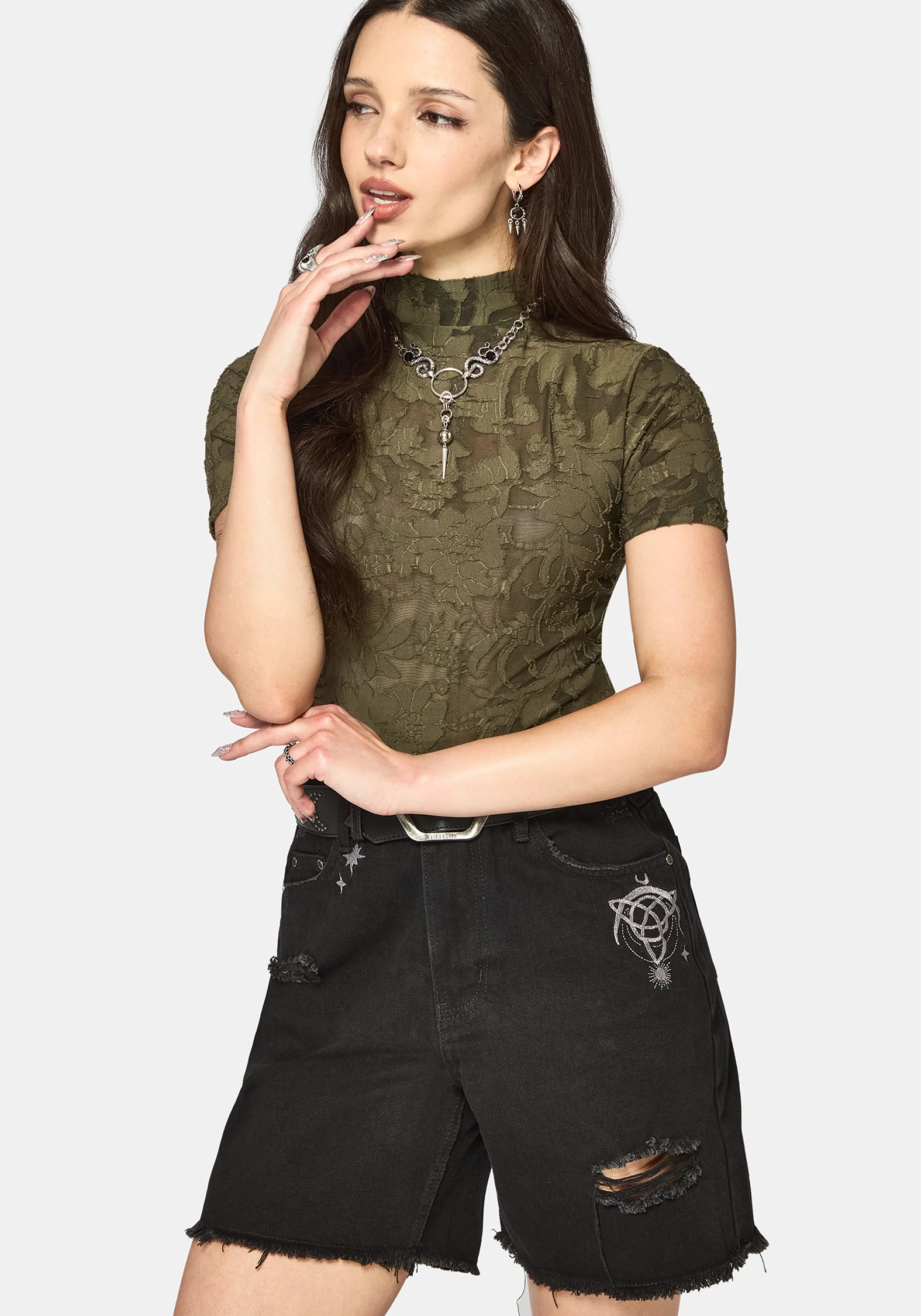 Demi Devore Short Sleeve Bodysuit - Khaki - Image 4