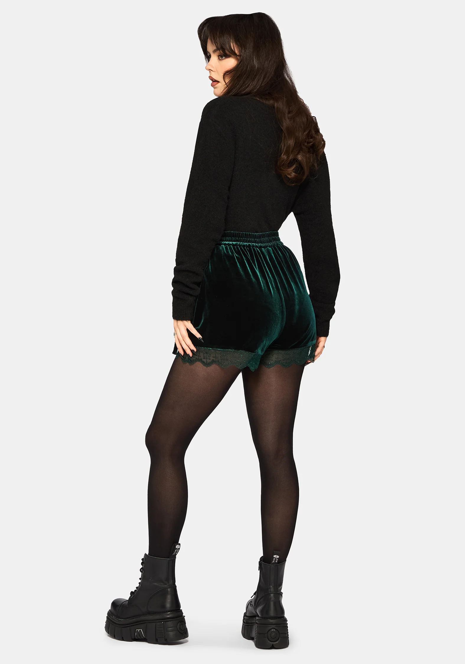 Deva Velour Lace Trim Tie Waist Skort - Dark Green - Image 3