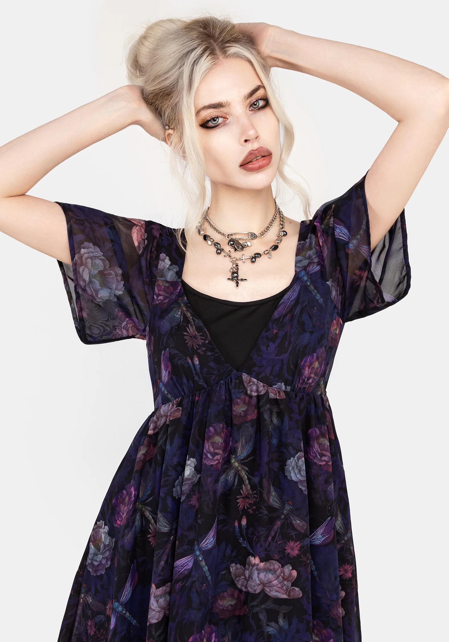 Dragonfly Floral Print Chiffon Handkerchief Hem Dress - Image 5
