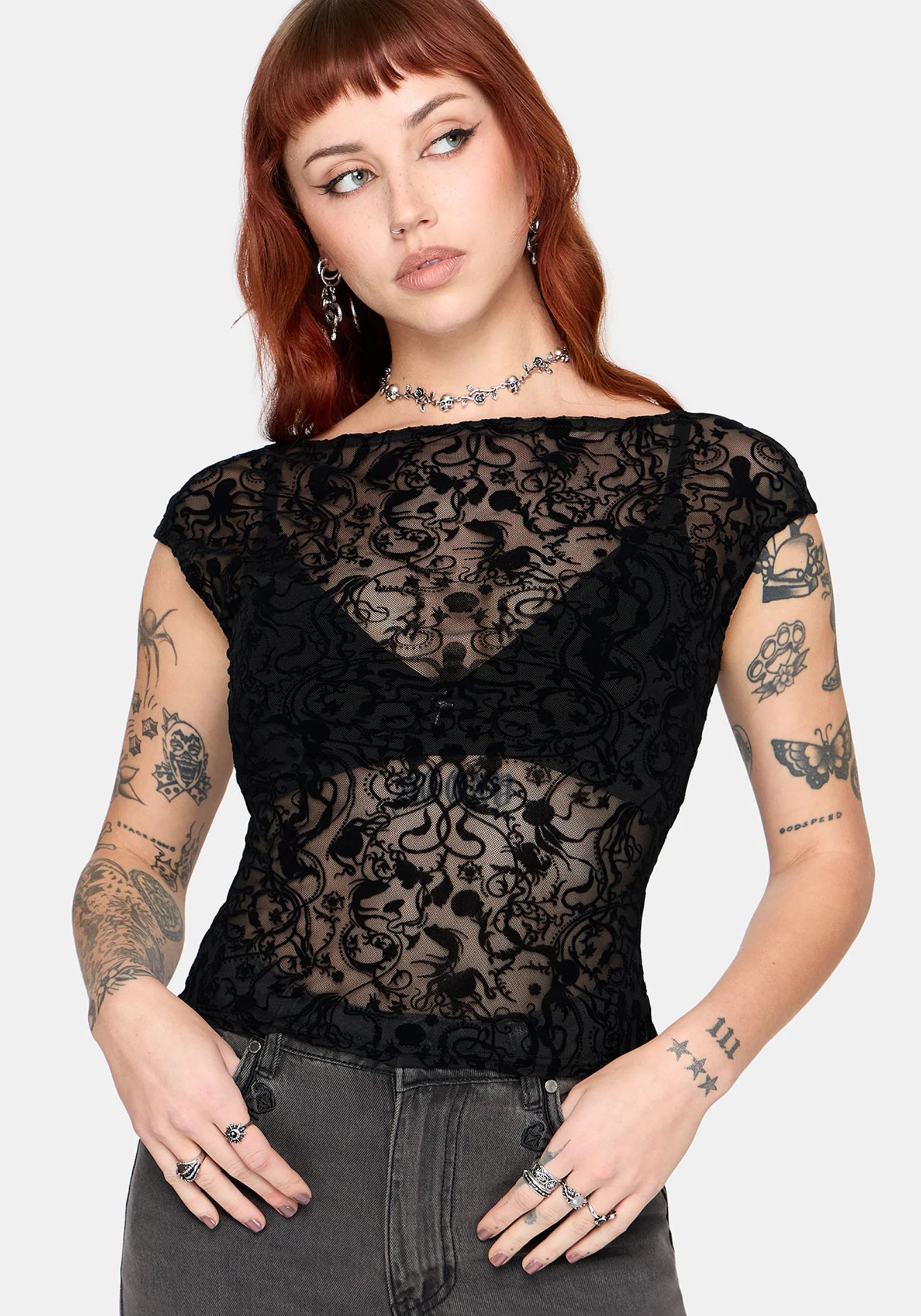 Drakona Cap Sleeve Mesh Flocked Top