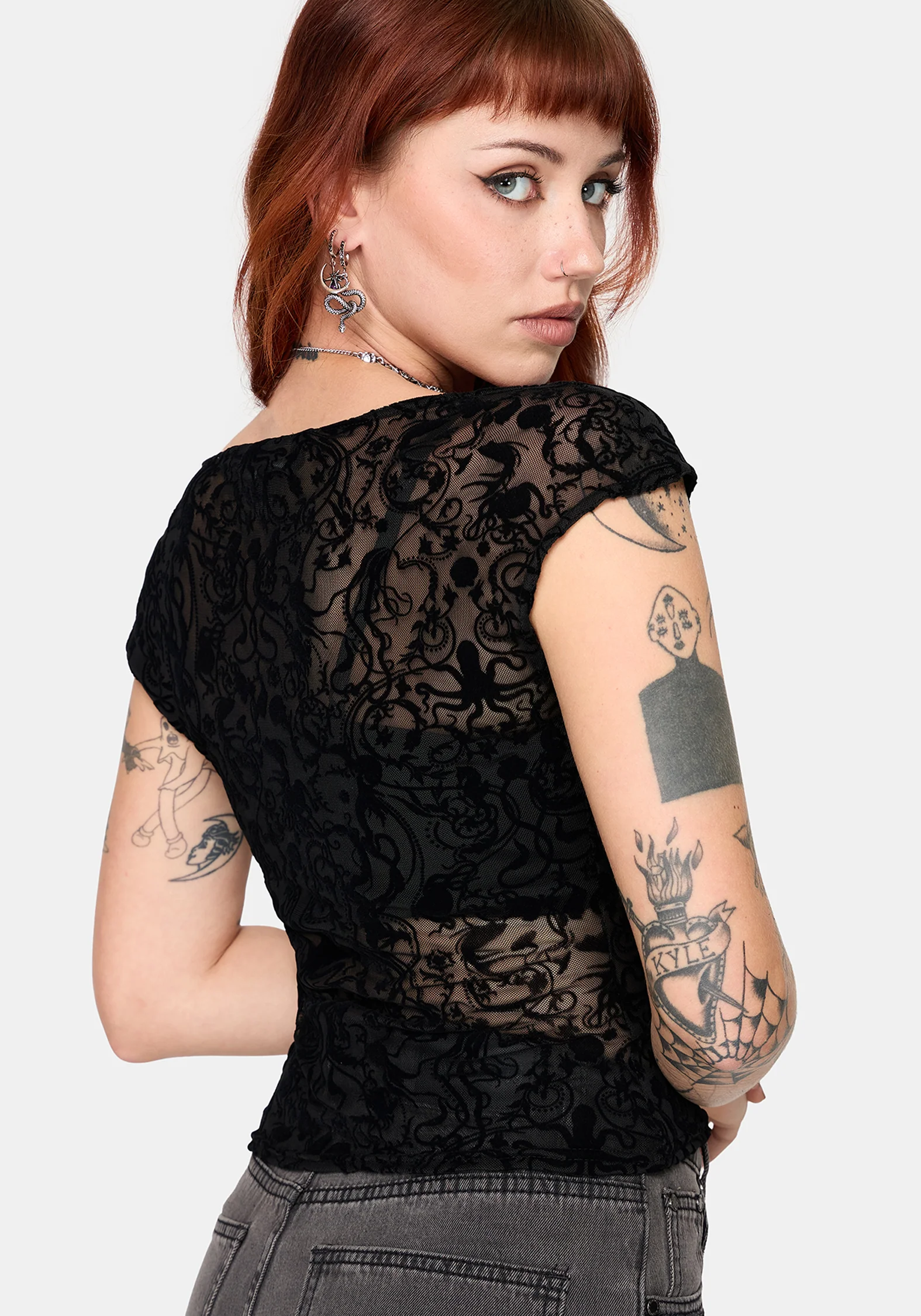 Drakona Cap Sleeve Mesh Flocked Top - Image 3