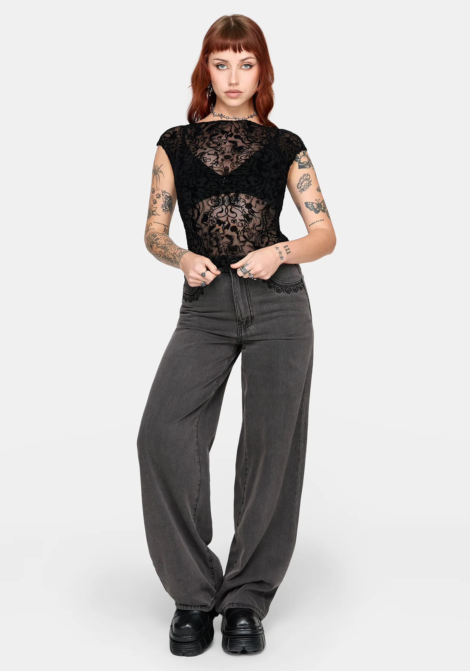 Drakona Cap Sleeve Mesh Flocked Top - Image 4
