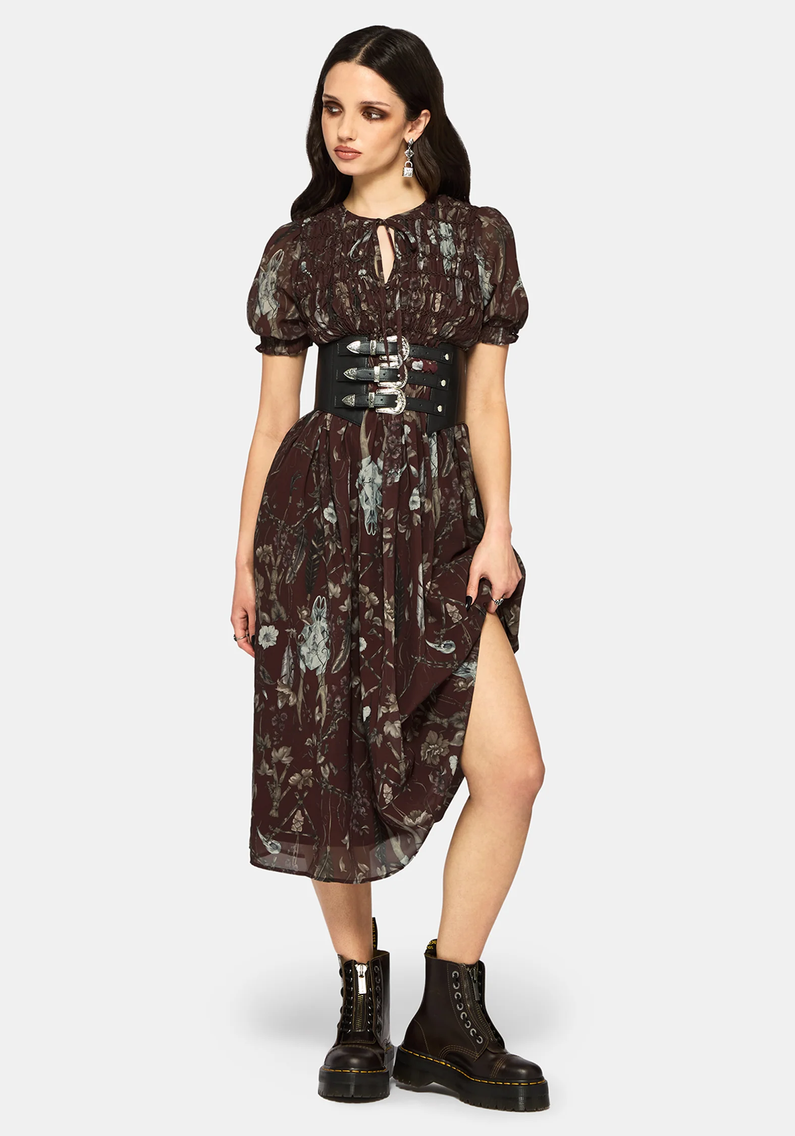 Dusha Garden Print Chiffon Shirred Button Down Midi Dress - Image 4