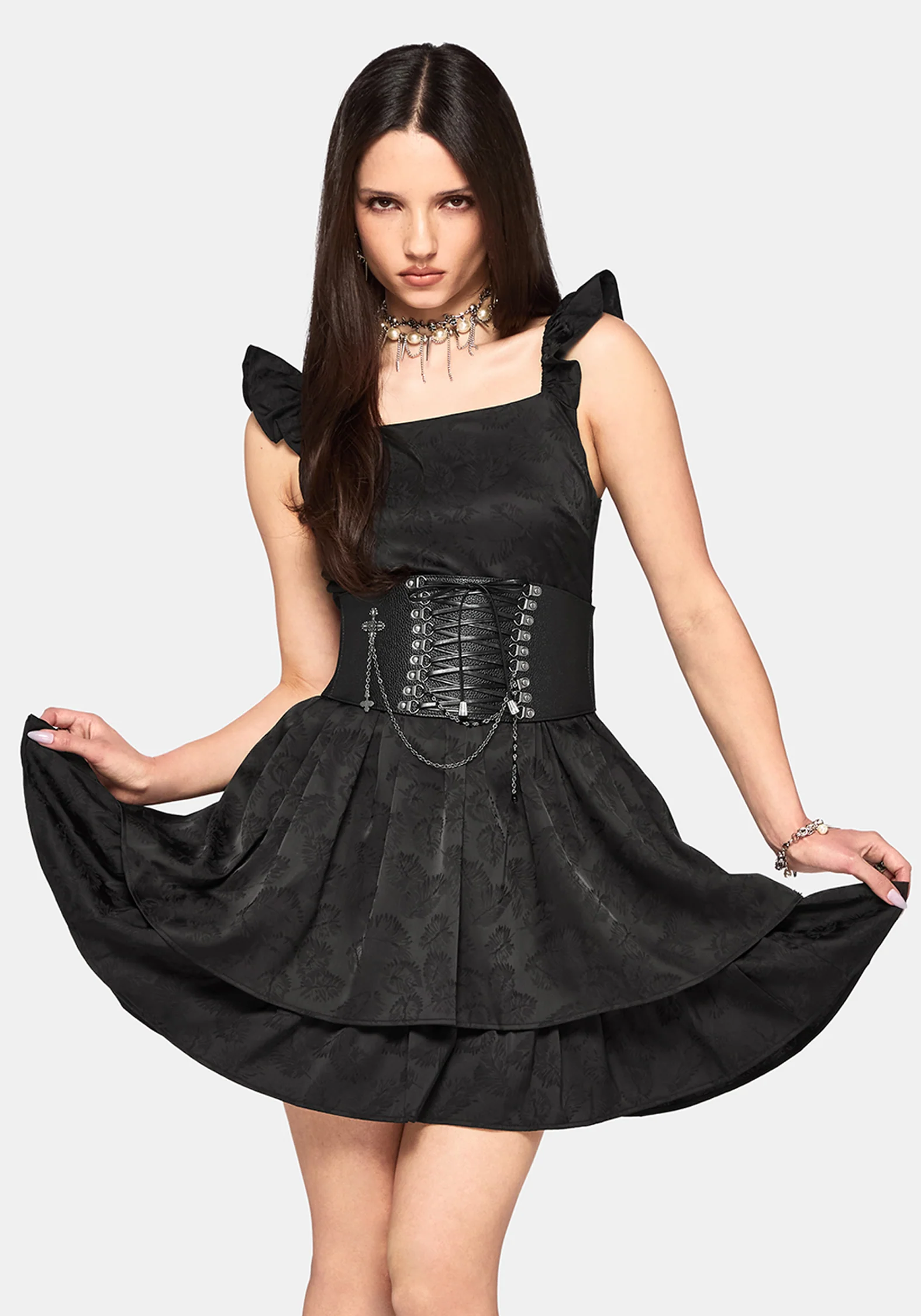 Elaria Jacquard Tie Back Tiered Babydoll Mini Dress