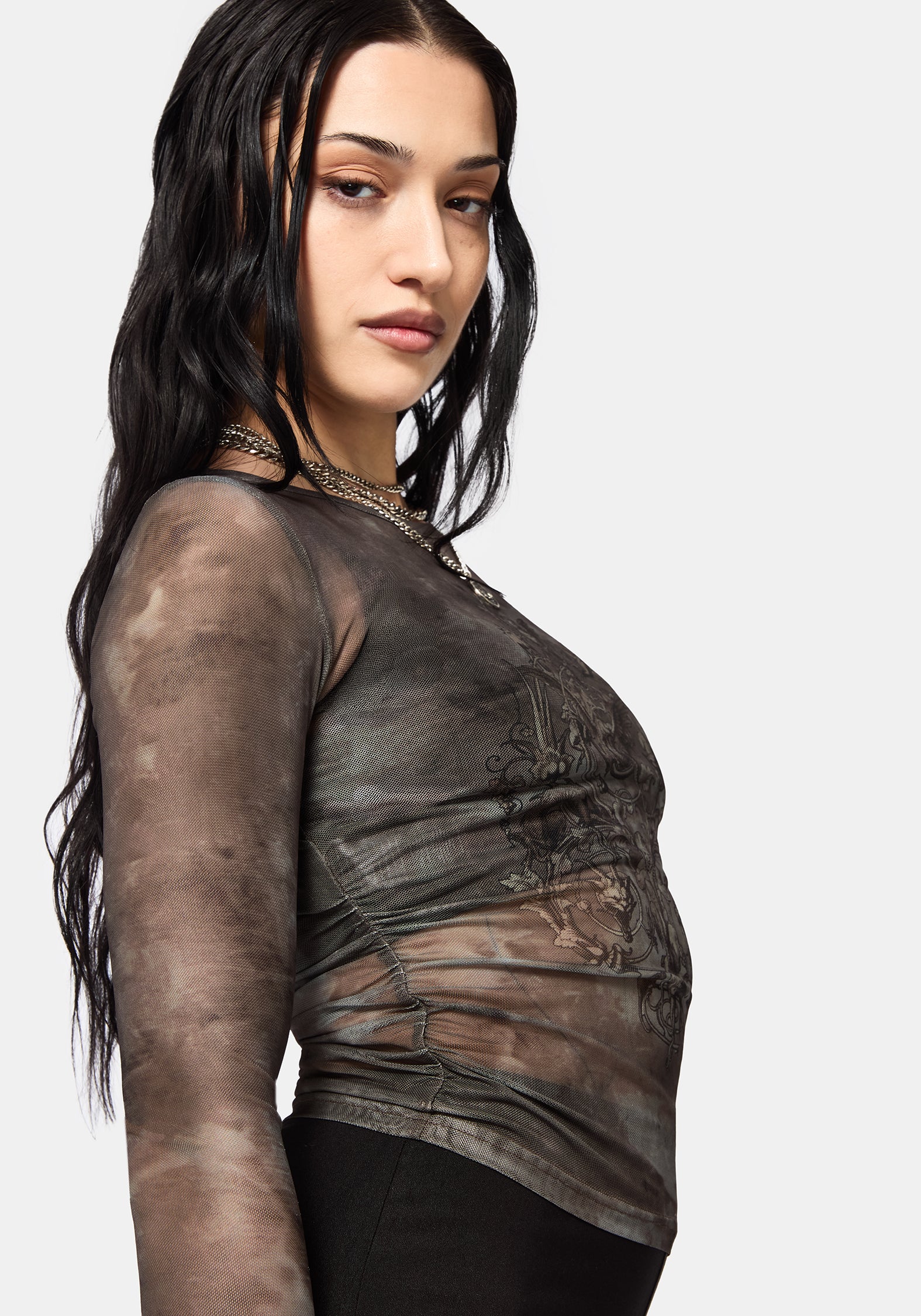 Eros Realm Mesh Long Sleeve Ruche Top - Image 6