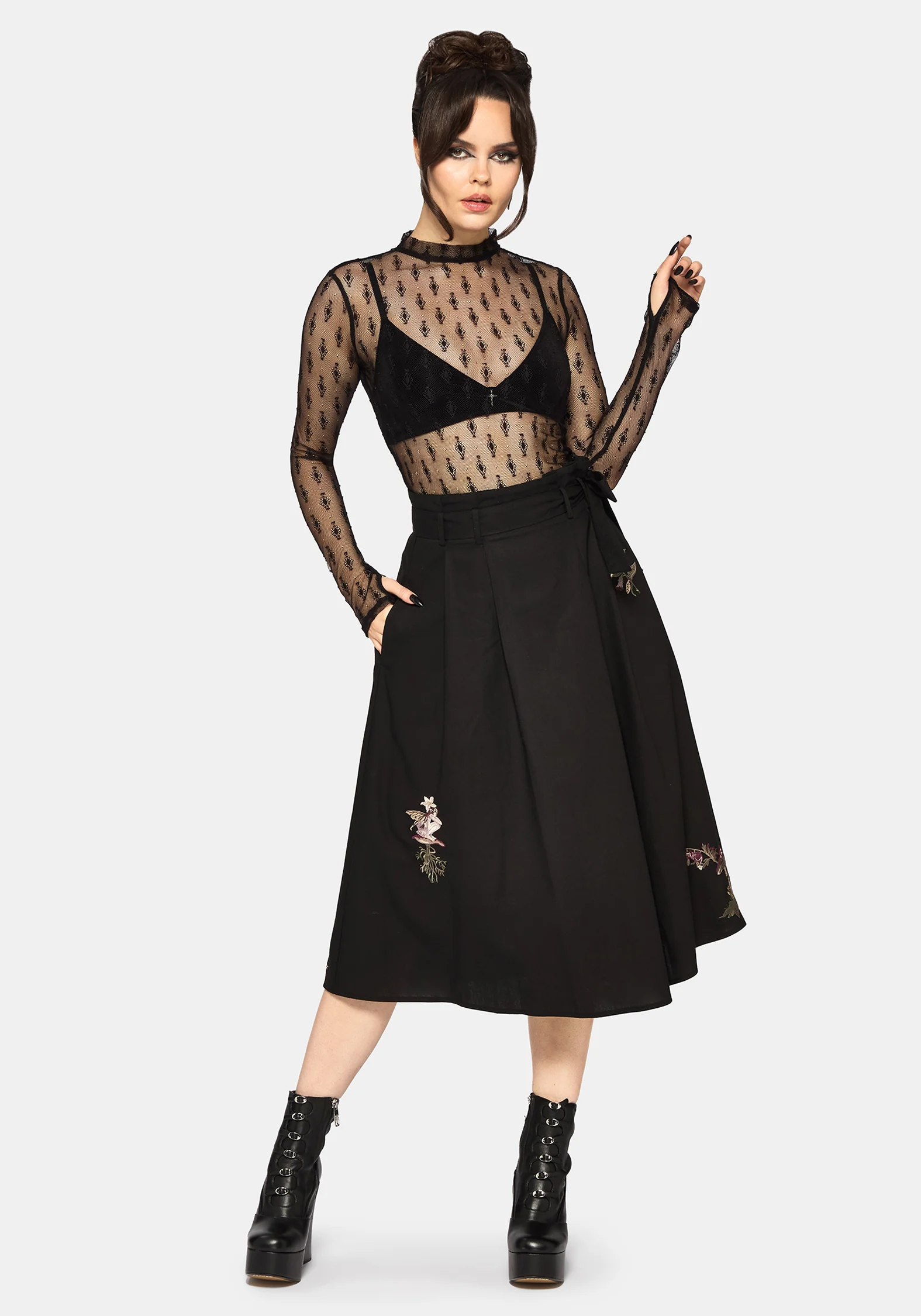 Faela Fairy Embroidered Tie Waist Paperbag Midi Skirt - Image 4