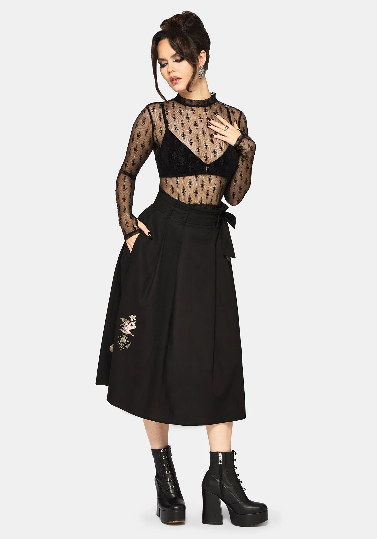 Faela Fairy Embroidered Tie Waist Paperbag Midi Skirt - Image 6