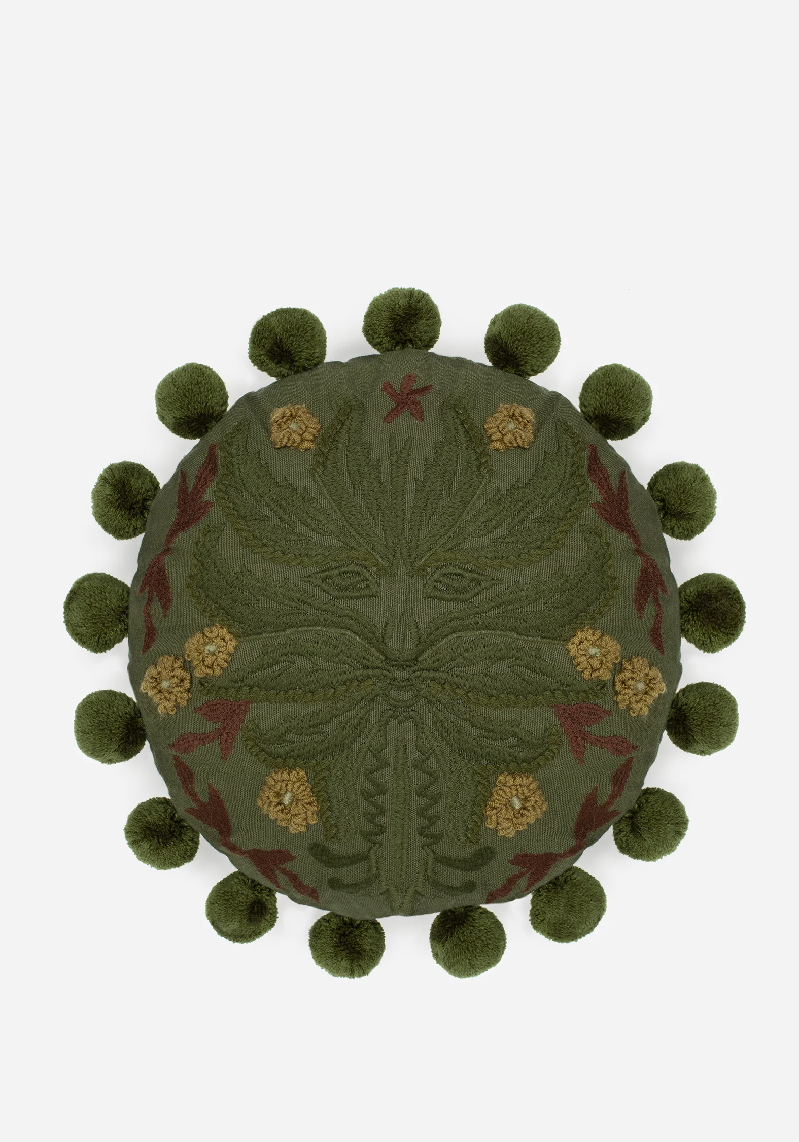 Foliate Embroidered Pom-Pom Round Cushion