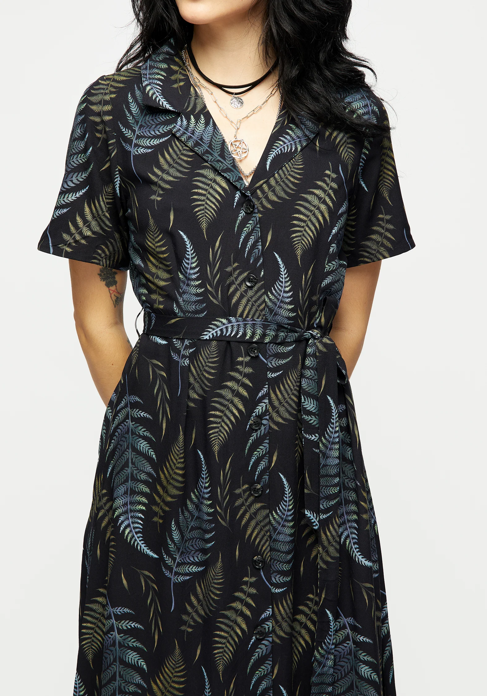 Frond Print Button Up Midi Shirt Dress - Image 2