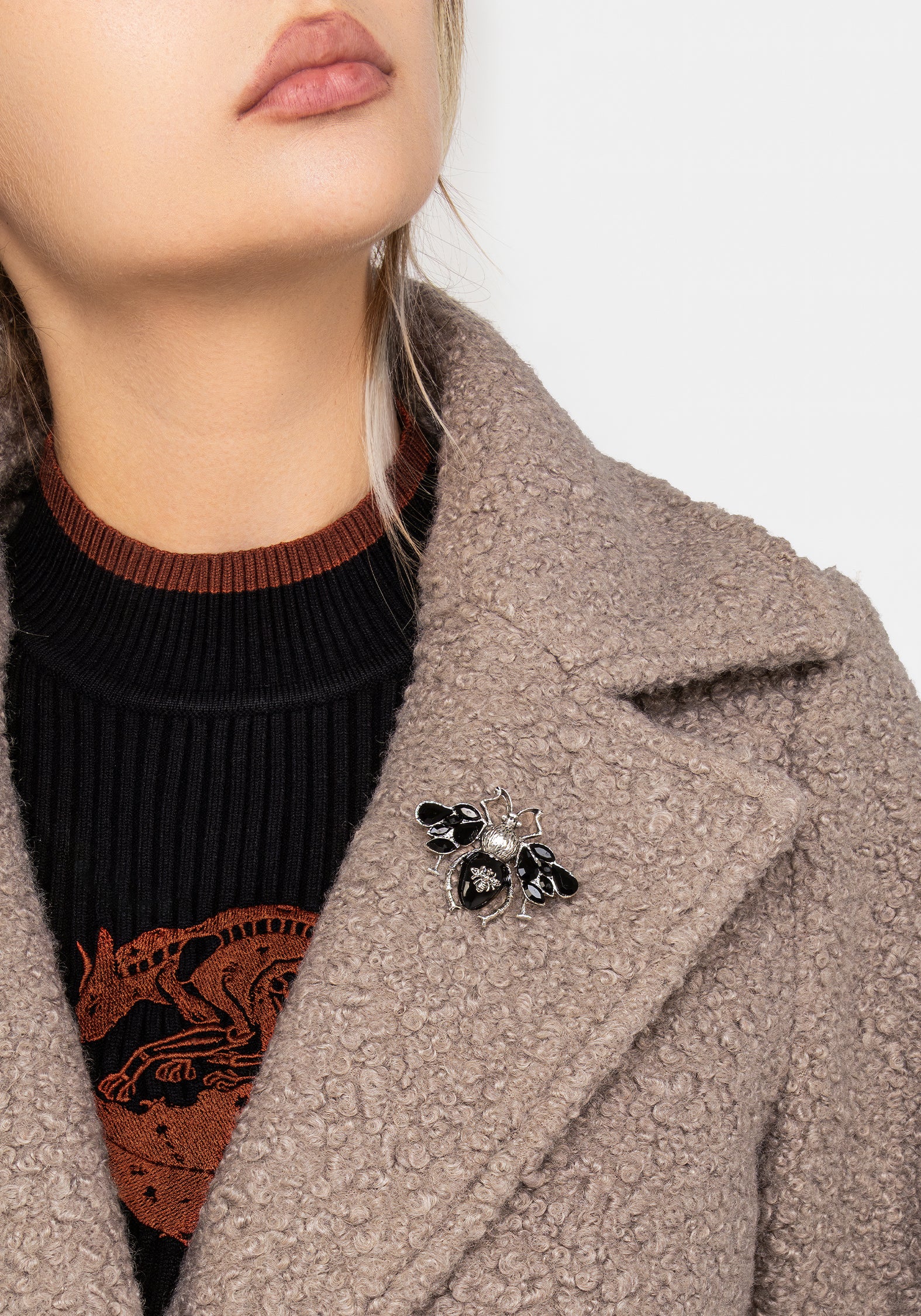 Gorgon Bouclé Longline Oversized Coat with Bee Brooch - Taupe - Image 2