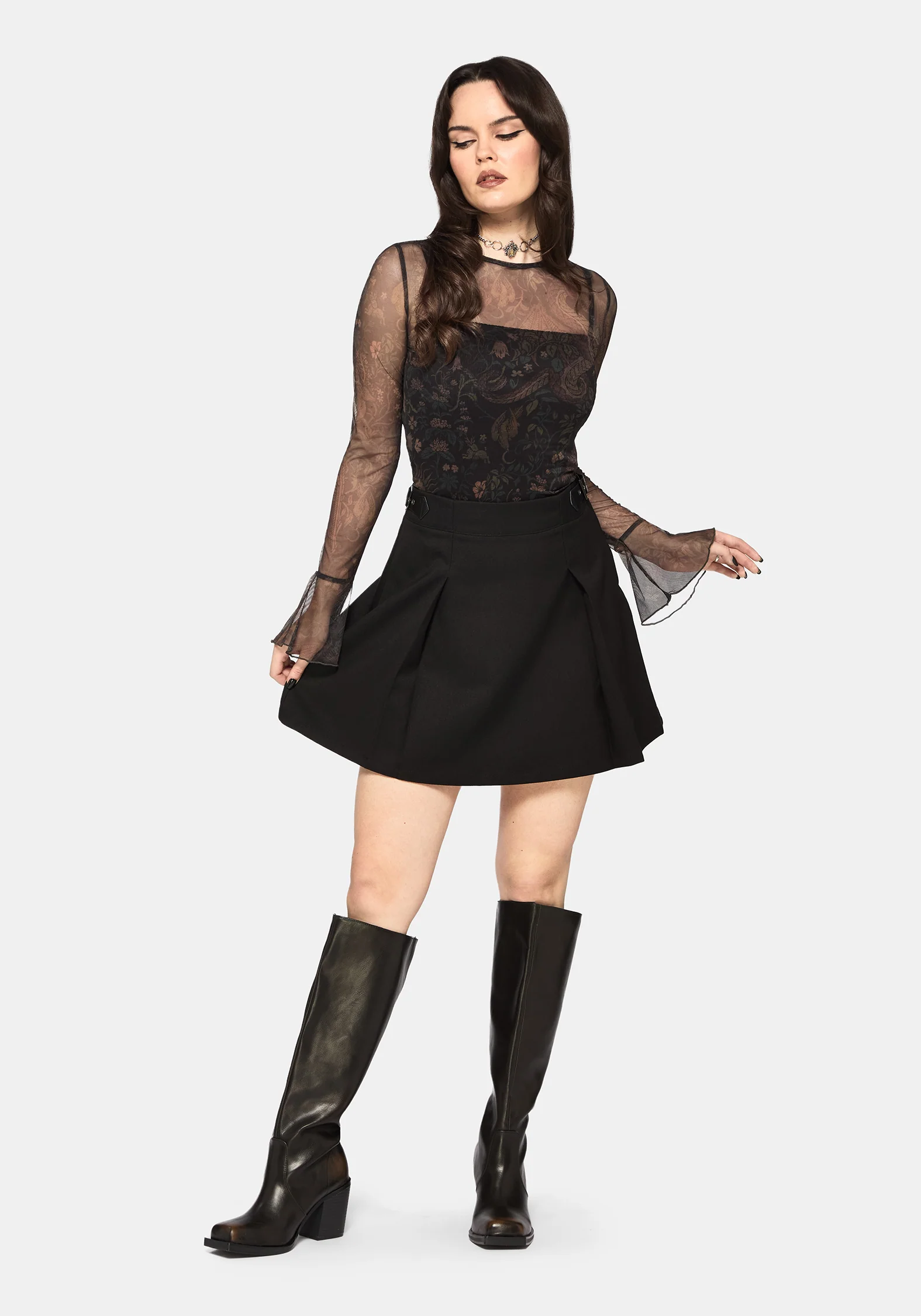 Haunt Fluted Long Sleeved Mesh Print Top - Image 7