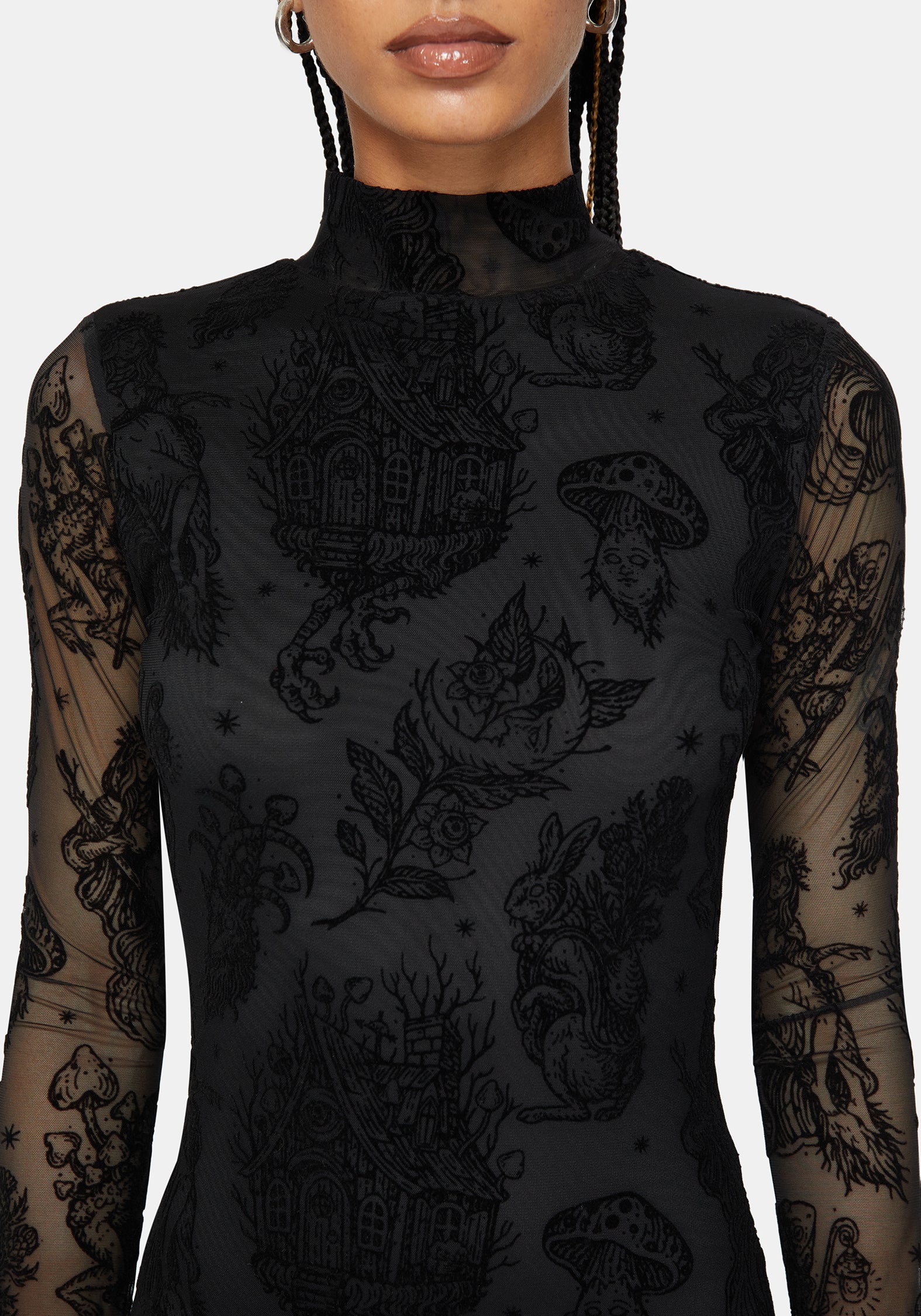 Hexborn Baba Yaga High Neck Flocked Long Sleeve Mesh Maxi Dress - Image 2