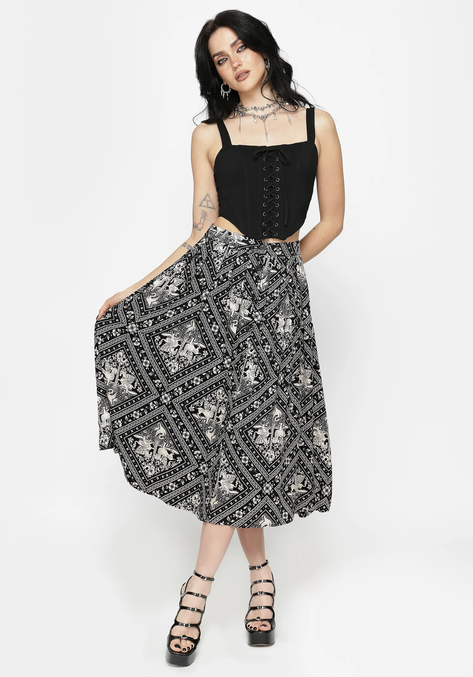 Hexweave Print Button Down Pleated Midi Skirt