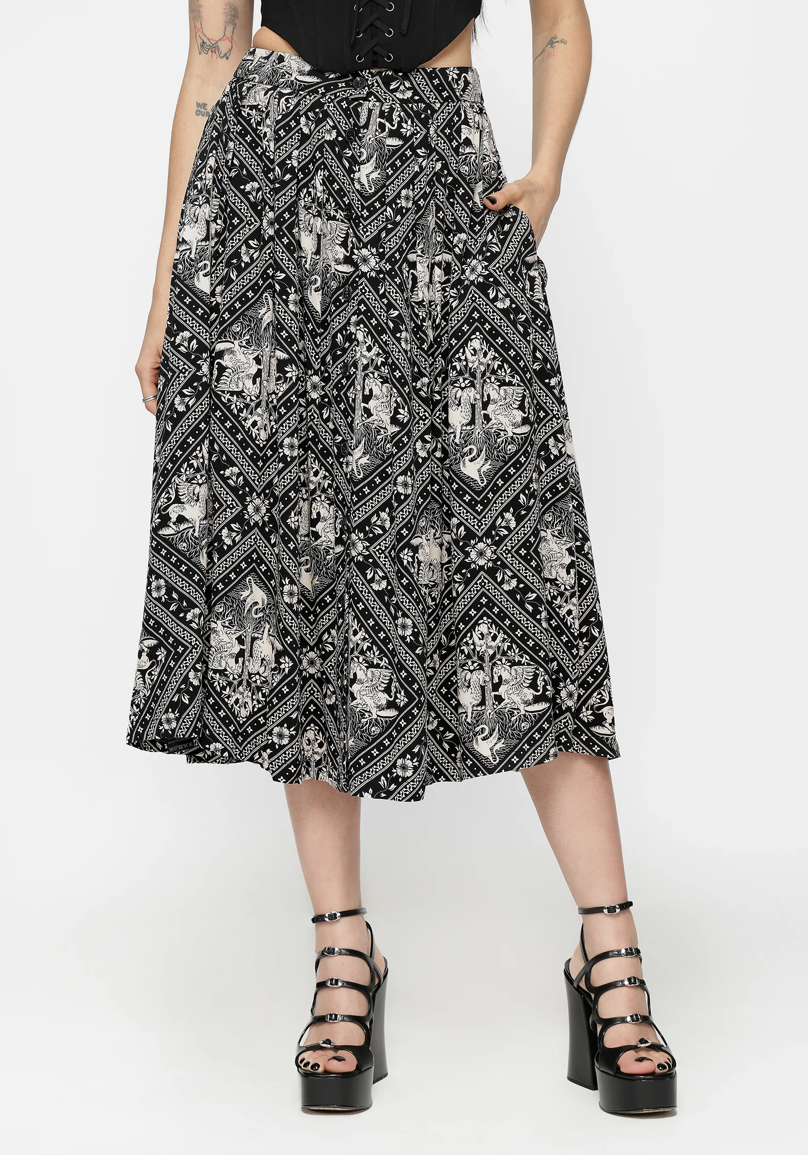 Hexweave Print Button Down Pleated Midi Skirt - Image 2