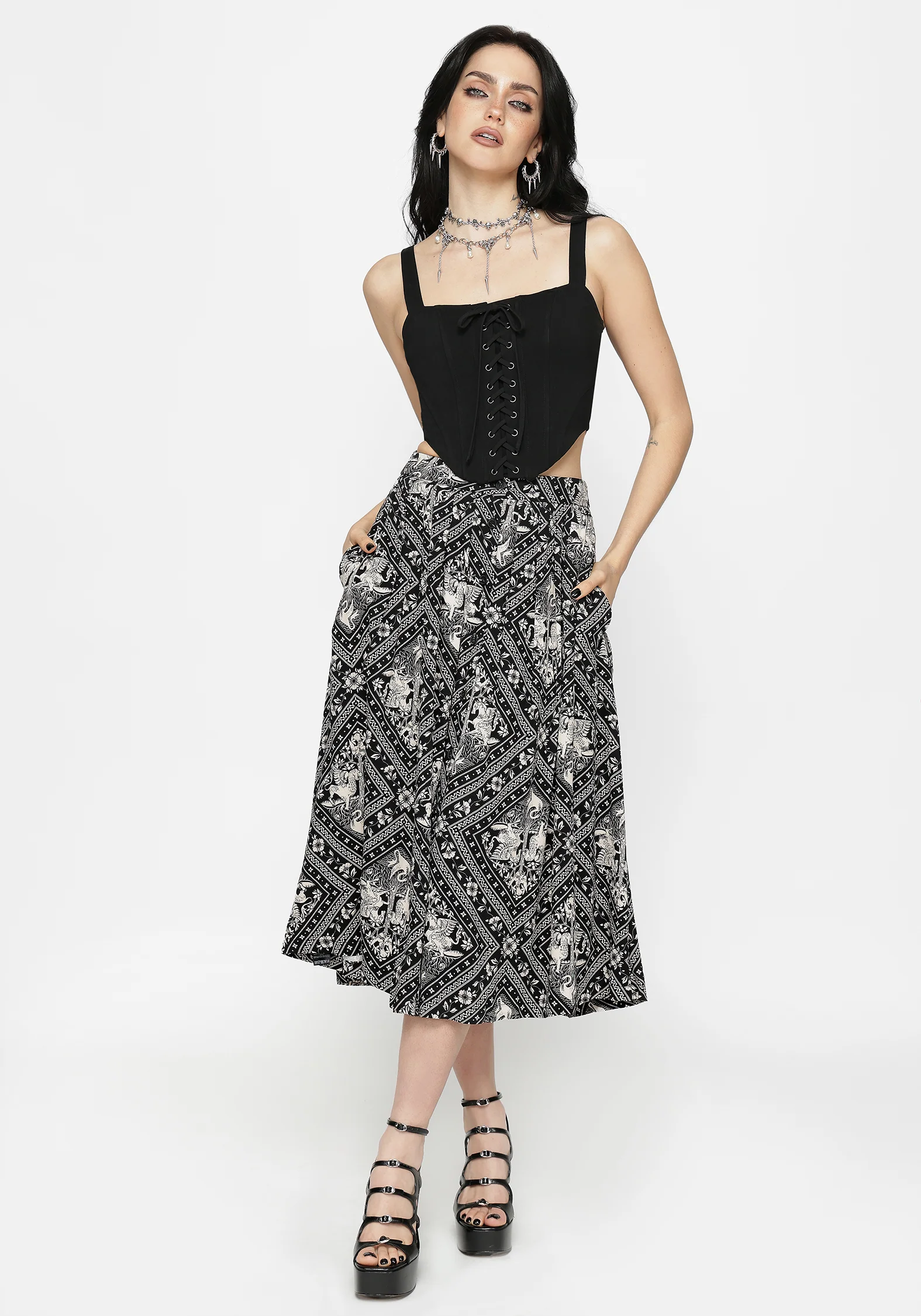 Hexweave Print Button Down Pleated Midi Skirt - Image 5