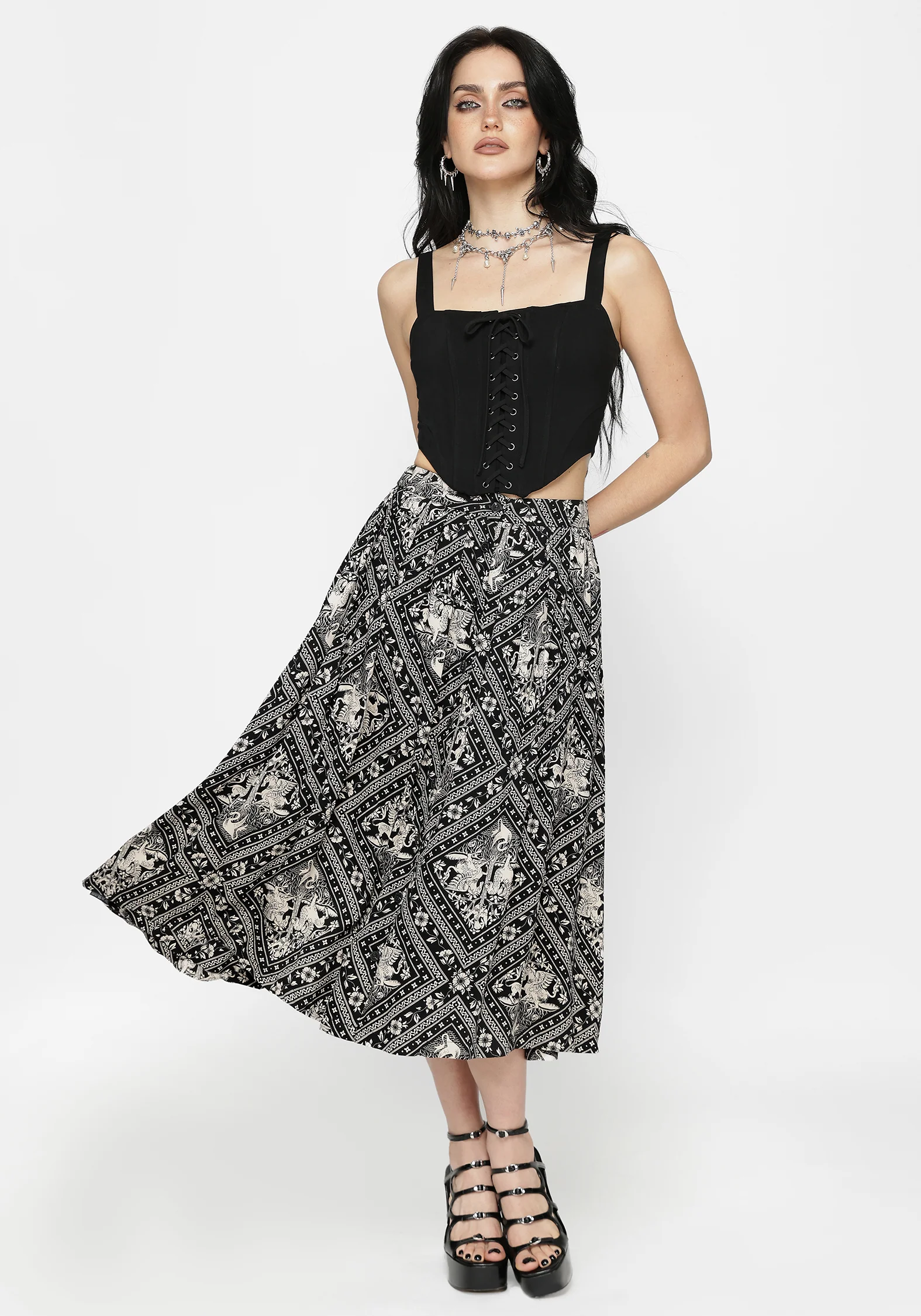 Hexweave Print Button Down Pleated Midi Skirt - Image 6