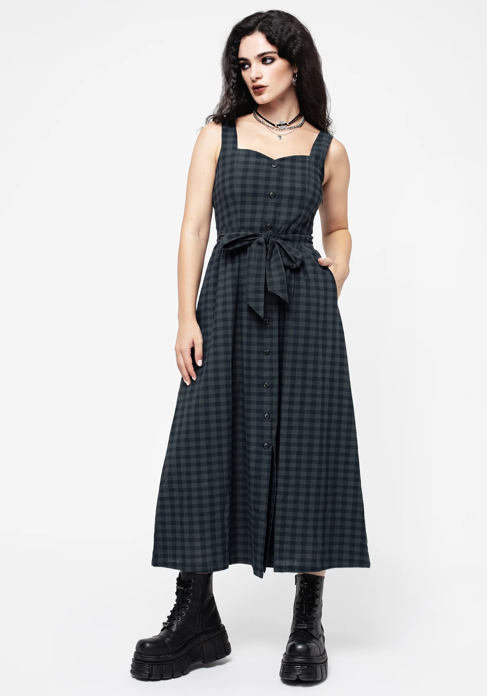 Jeannie Check Cotton Belted Apron Maxi Dress - Image 6