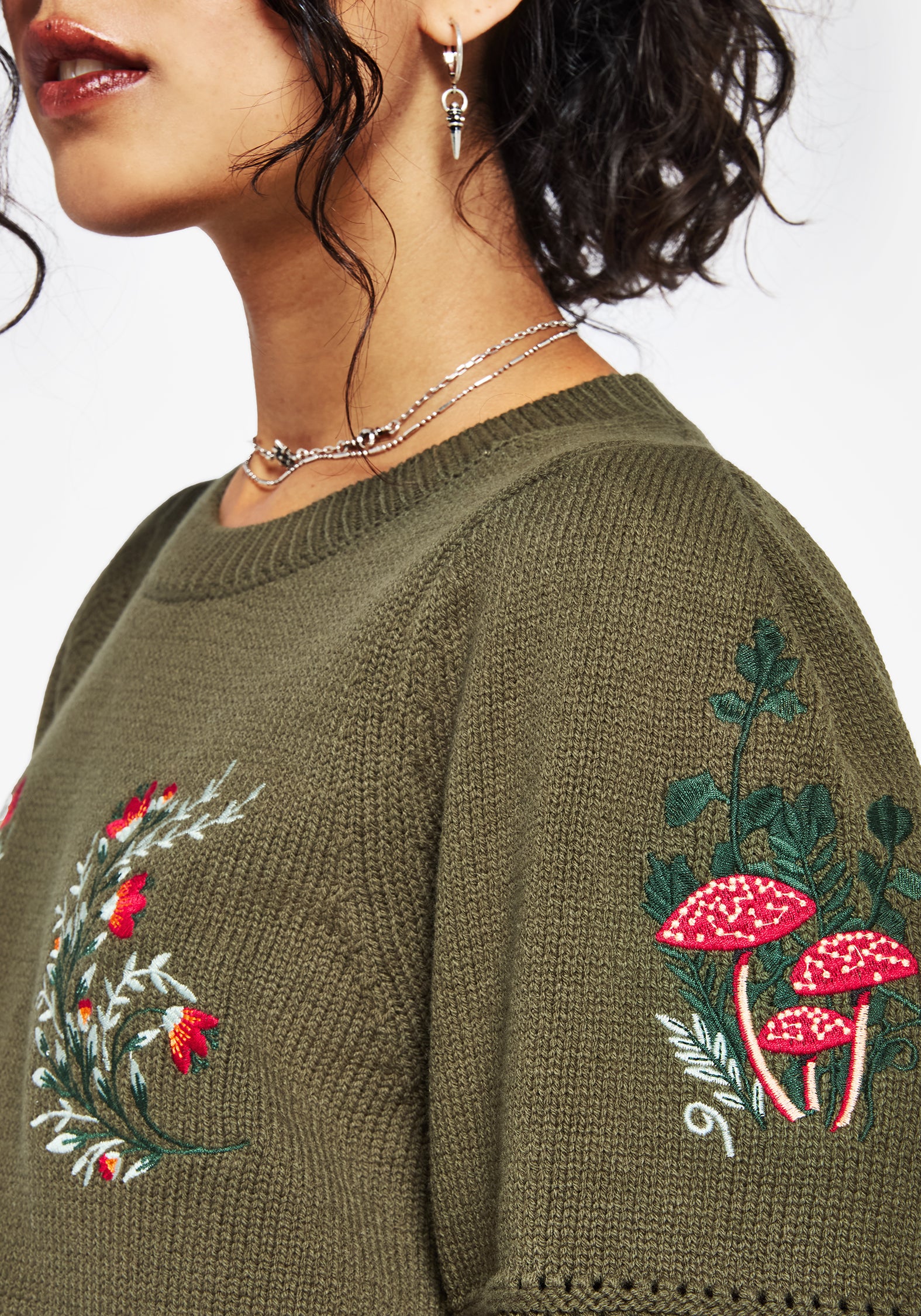 Lavish Mushroom Embroidered Short Sleeve Knit Top - Image 2