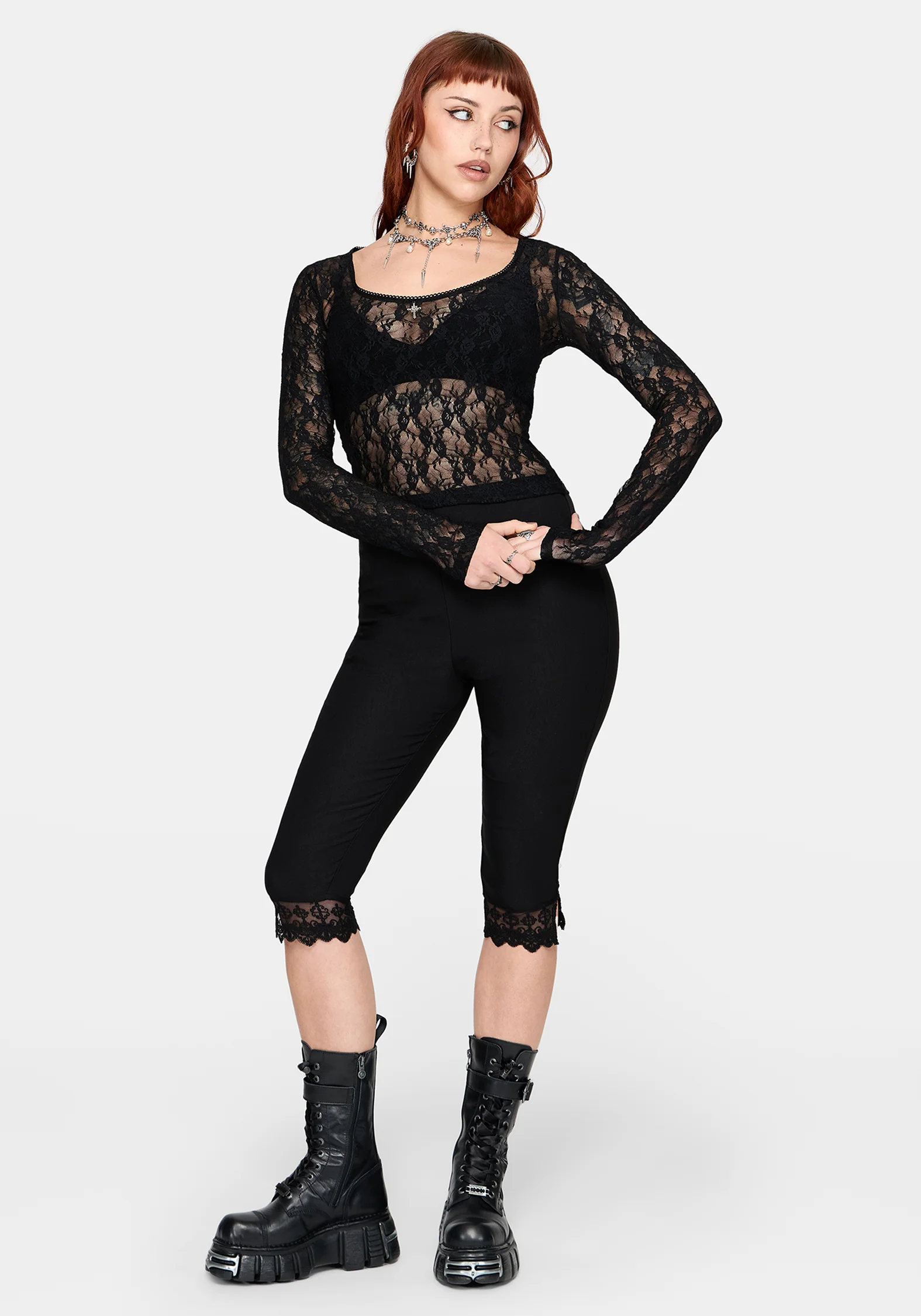 Lucera Long Sleeve Lace Scoop Neck Top - Black - Image 5