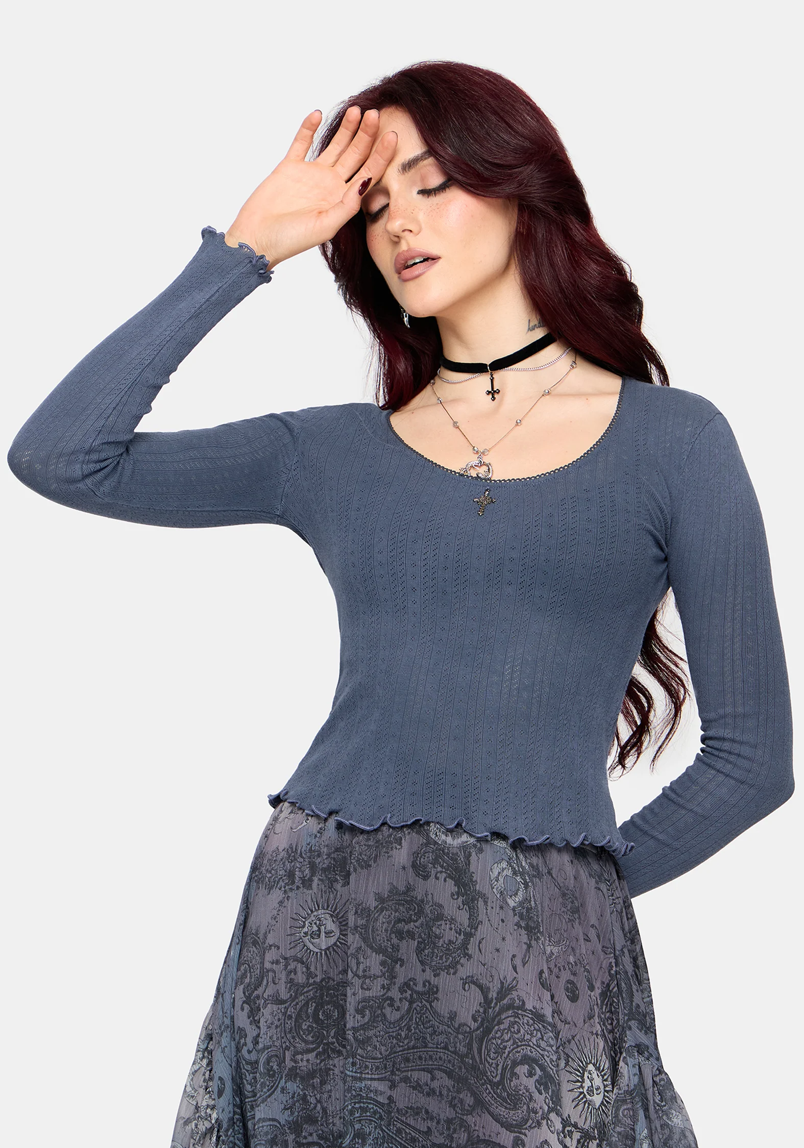 Lucera Long Sleeve Pointelle Scoop Neck Top - Blue - Image 4
