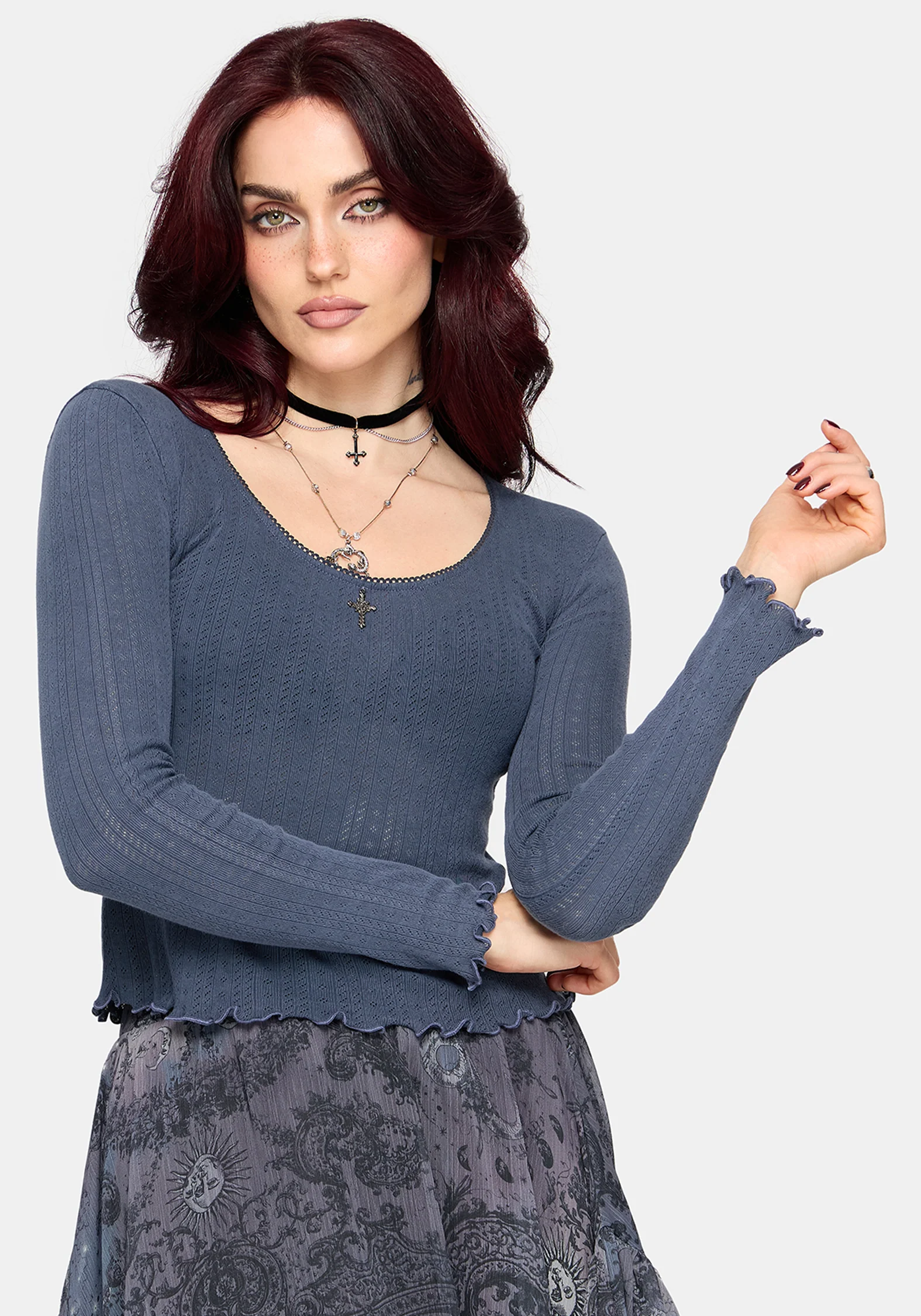 Lucera Long Sleeve Pointelle Scoop Neck Top - Blue - Image 6