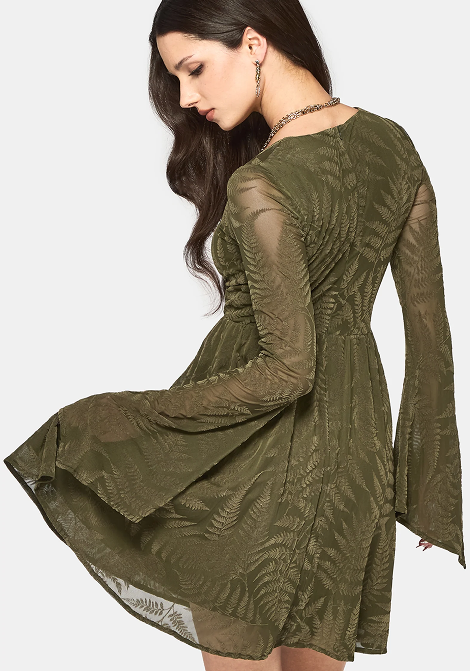 Lunafern Flocked Fern Flute Sleeve Mini Dress - Green - Image 3