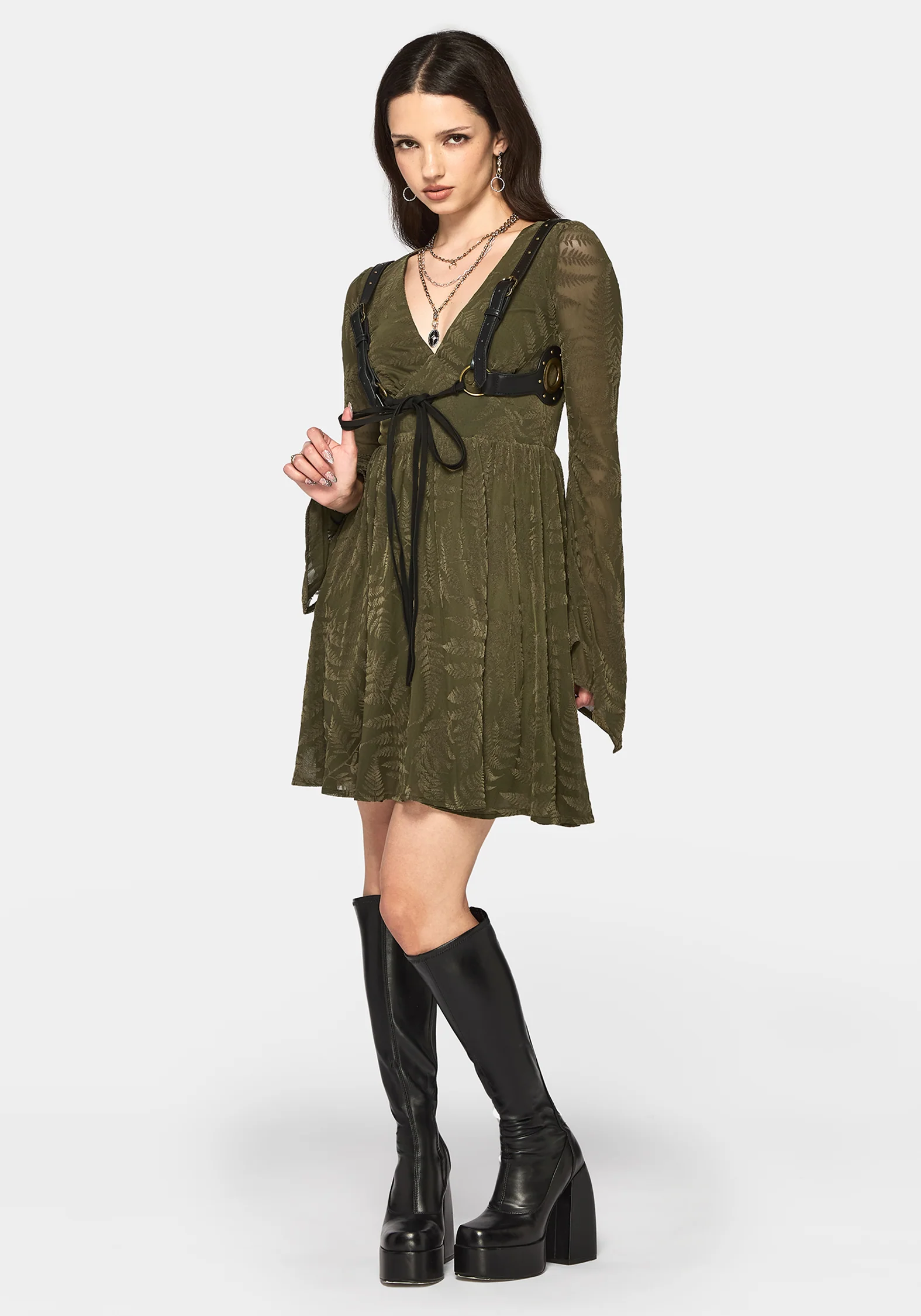 Lunafern Flocked Fern Flute Sleeve Mini Dress - Green - Image 4