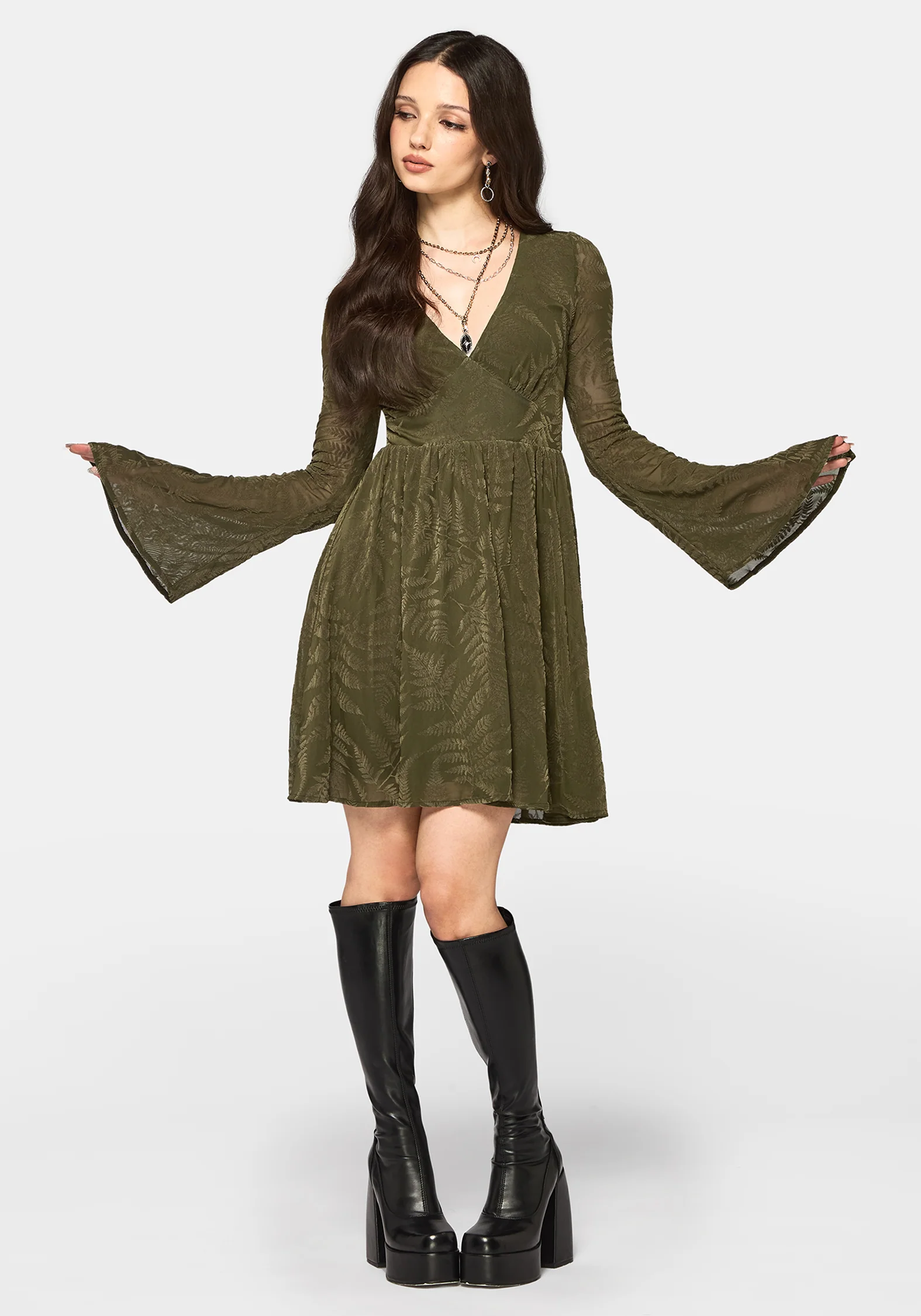 Lunafern Flocked Fern Flute Sleeve Mini Dress - Green - Image 5